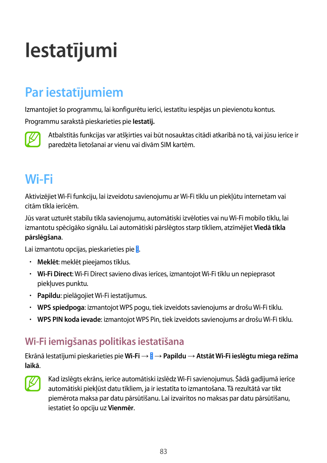 Samsung CG-G355HZKSEST, CG-G355HZWSEST manual Iestatījumi, Par iestatījumiem, Wi-Fi iemigšanas politikas iestatīšana 