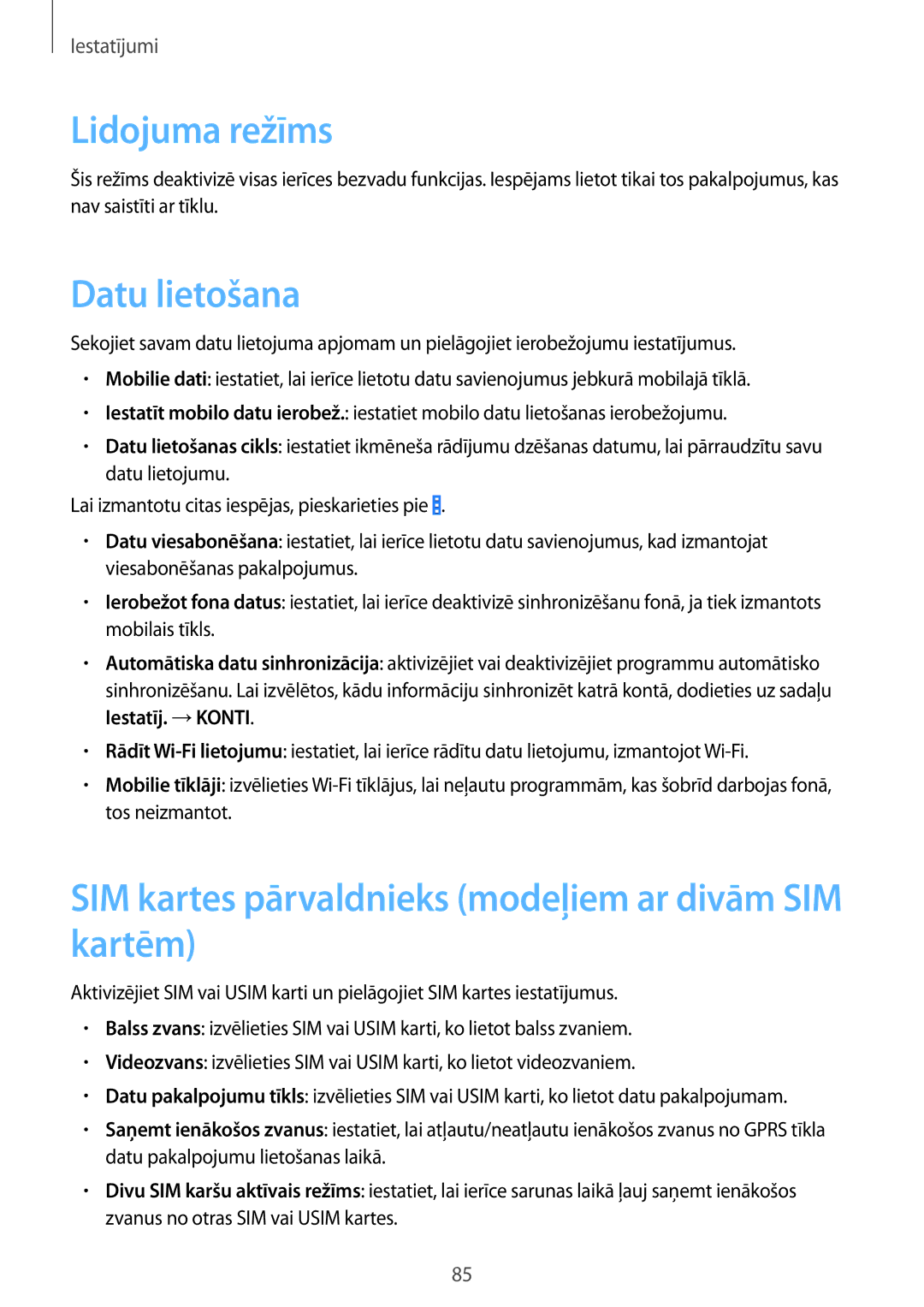 Samsung CG-G355HZKSEST manual Lidojuma režīms, Datu lietošana, SIM kartes pārvaldnieks modeļiem ar divām SIM kartēm 