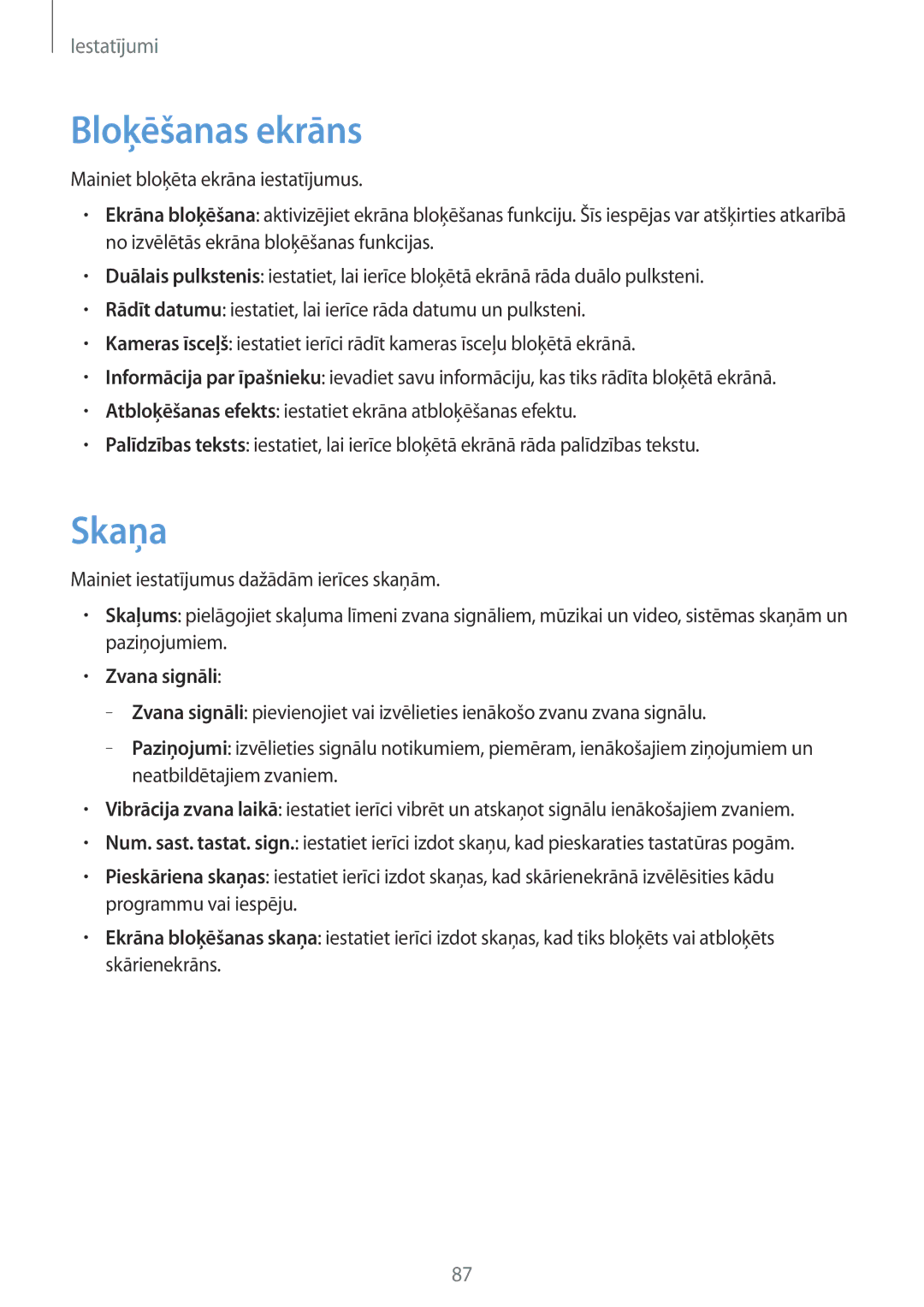 Samsung CG-G355HZKSEST, CG-G355HZWSEST manual Bloķēšanas ekrāns, Skaņa, Zvana signāli 