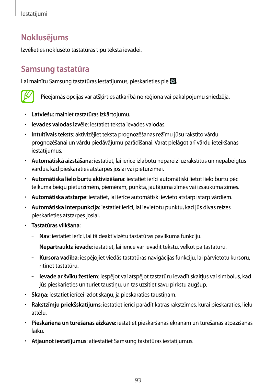 Samsung CG-G355HZKSEST manual Noklusējums, Samsung tastatūra, Izvēlieties noklusēto tastatūras tipu teksta ievadei 