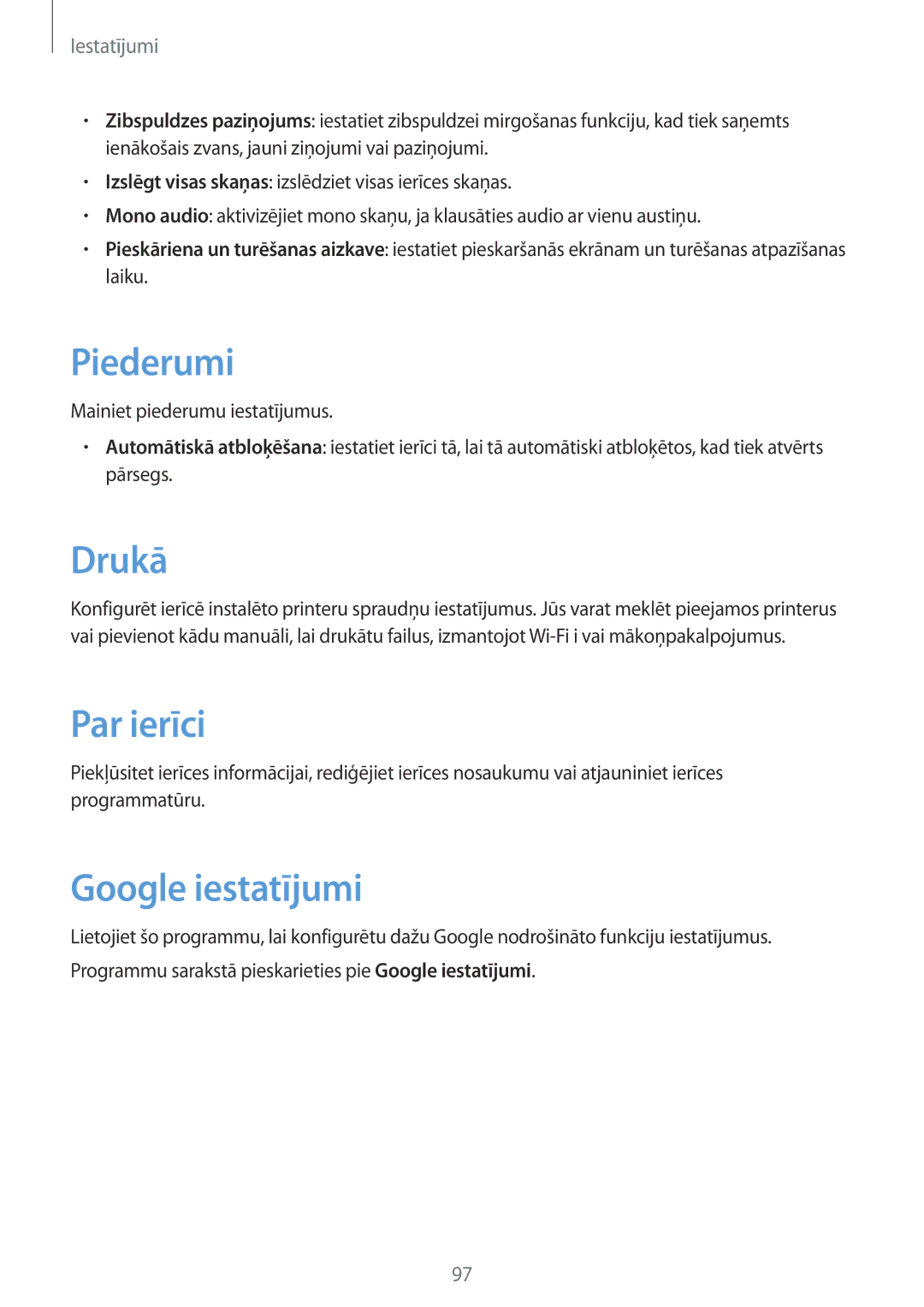 Samsung CG-G355HZKSEST, CG-G355HZWSEST manual Piederumi, Drukā, Par ierīci, Google iestatījumi 