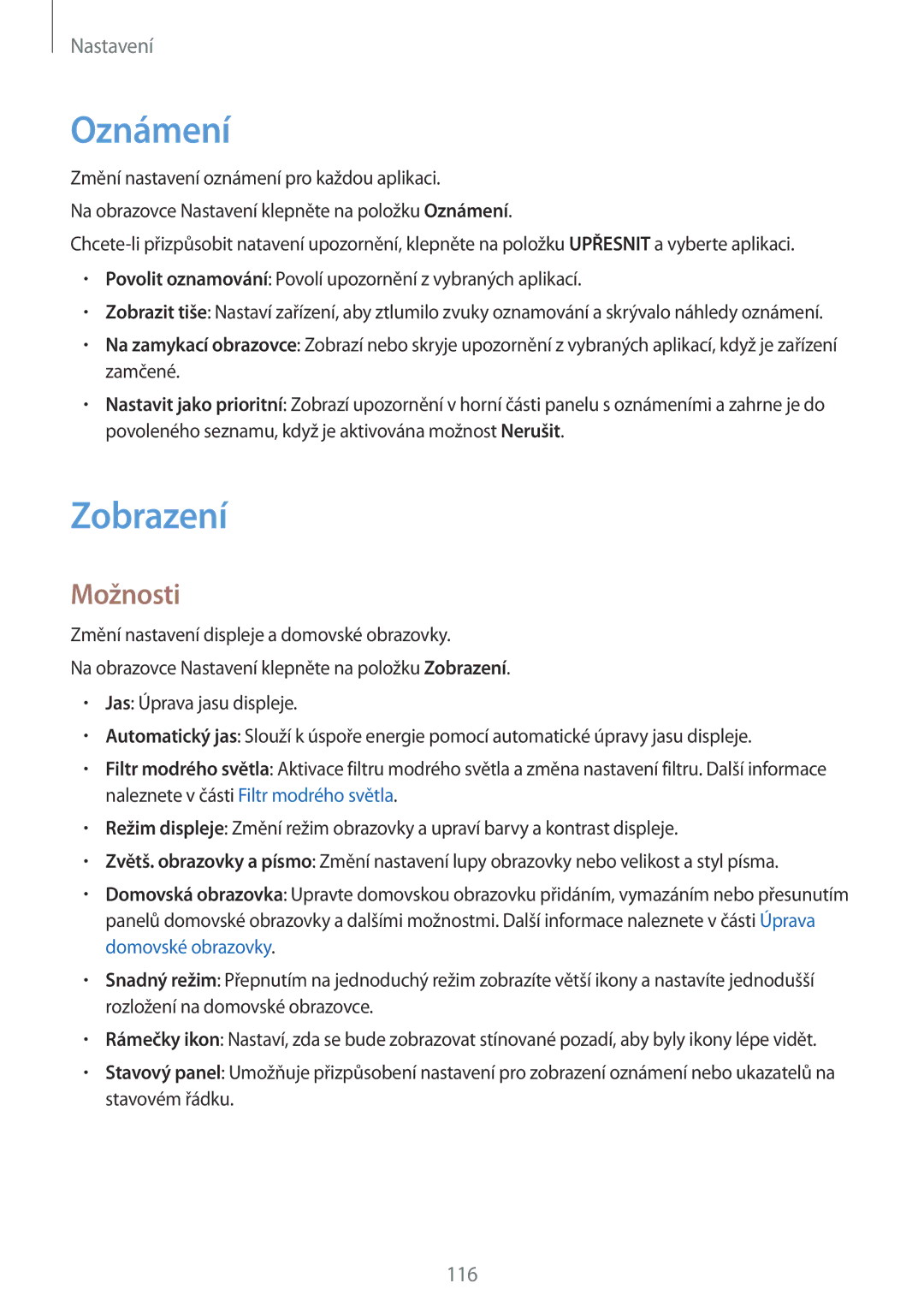 Samsung SM-J530FZSAO2C, CG-J730FZKRMOL, CG-J730FZDRMOL, SM-J730FZKDETL, SM-J530FZKAO2C manual Oznámení, Zobrazení, Možnosti 