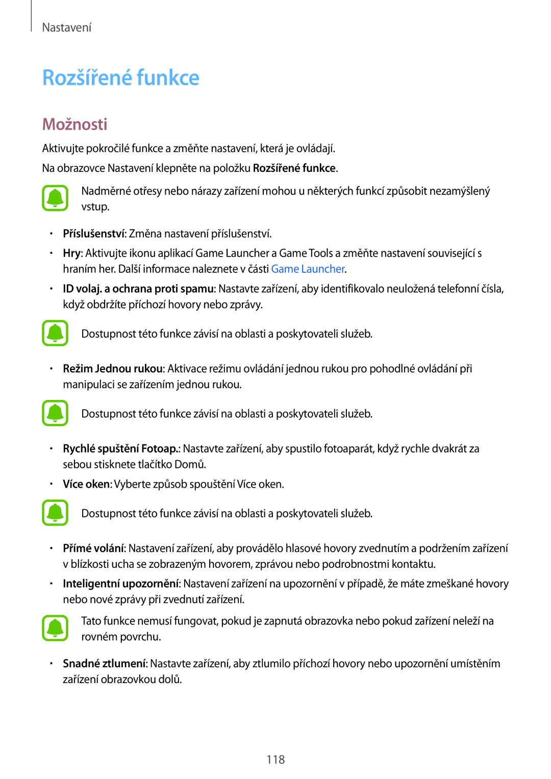 Samsung SM-J530FZSDETL, CG-J730FZKRMOL, CG-J730FZDRMOL, SM-J730FZKDETL, SM-J530FZKAO2C, SM-J530FZKDETL manual Rozšířené funkce 