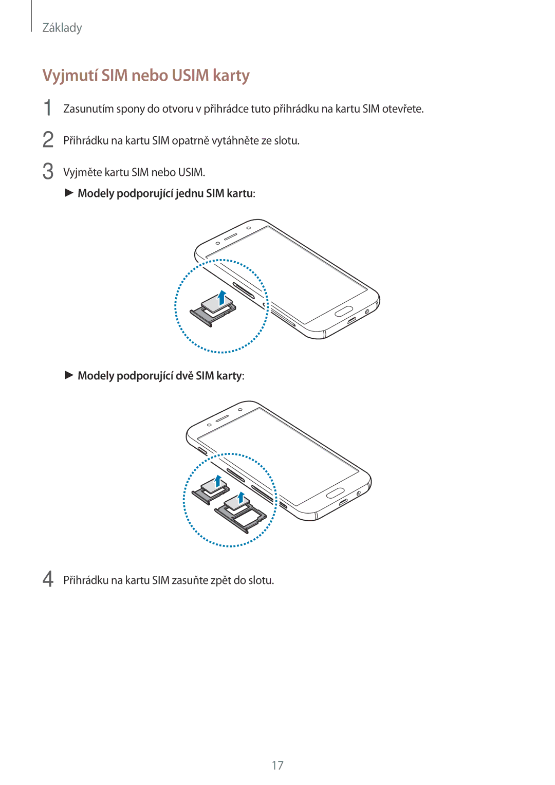 Samsung SM-J530FZSAO2C, CG-J730FZKRMOL, CG-J730FZDRMOL, SM-J730FZKDETL, SM-J530FZKAO2C manual Vyjmutí SIM nebo Usim karty 