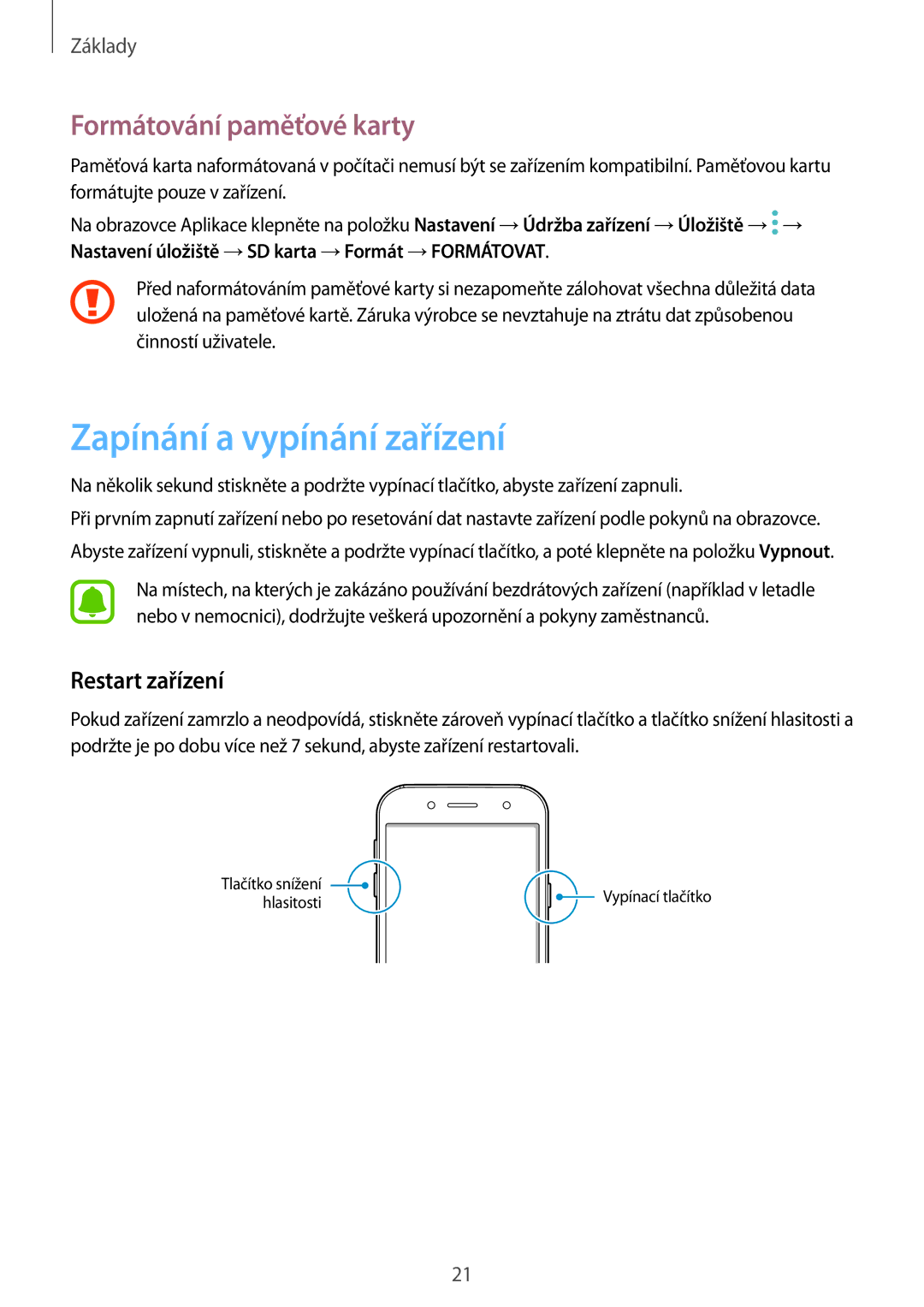 Samsung SM-J730FZSDETL, CG-J730FZKRMOL manual Zapínání a vypínání zařízení, Formátování paměťové karty, Restart zařízení 