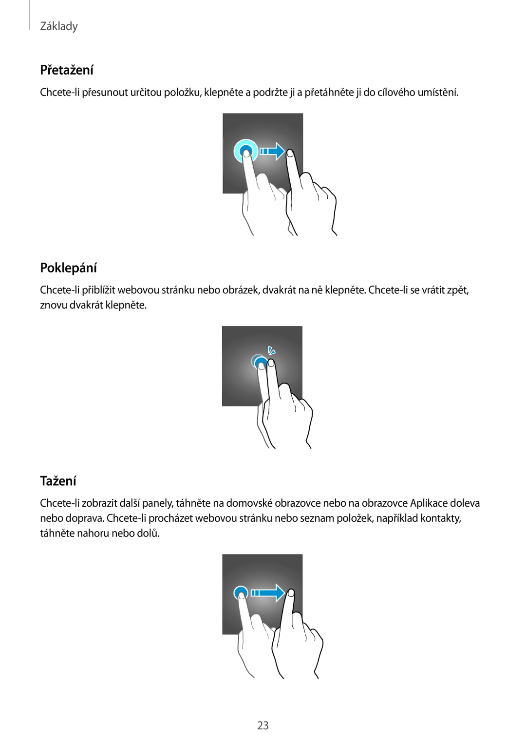 Samsung CG-J730FZDRMOL, CG-J730FZKRMOL, SM-J730FZKDETL, SM-J530FZKAO2C, SM-J530FZKDETL manual Přetažení, Poklepání, Tažení 