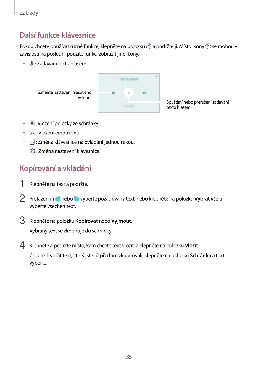 Samsung SM-J730FZKDETL, CG-J730FZKRMOL, CG-J730FZDRMOL, SM-J530FZKAO2C manual Další funkce klávesnice, Kopírování a vkládání 