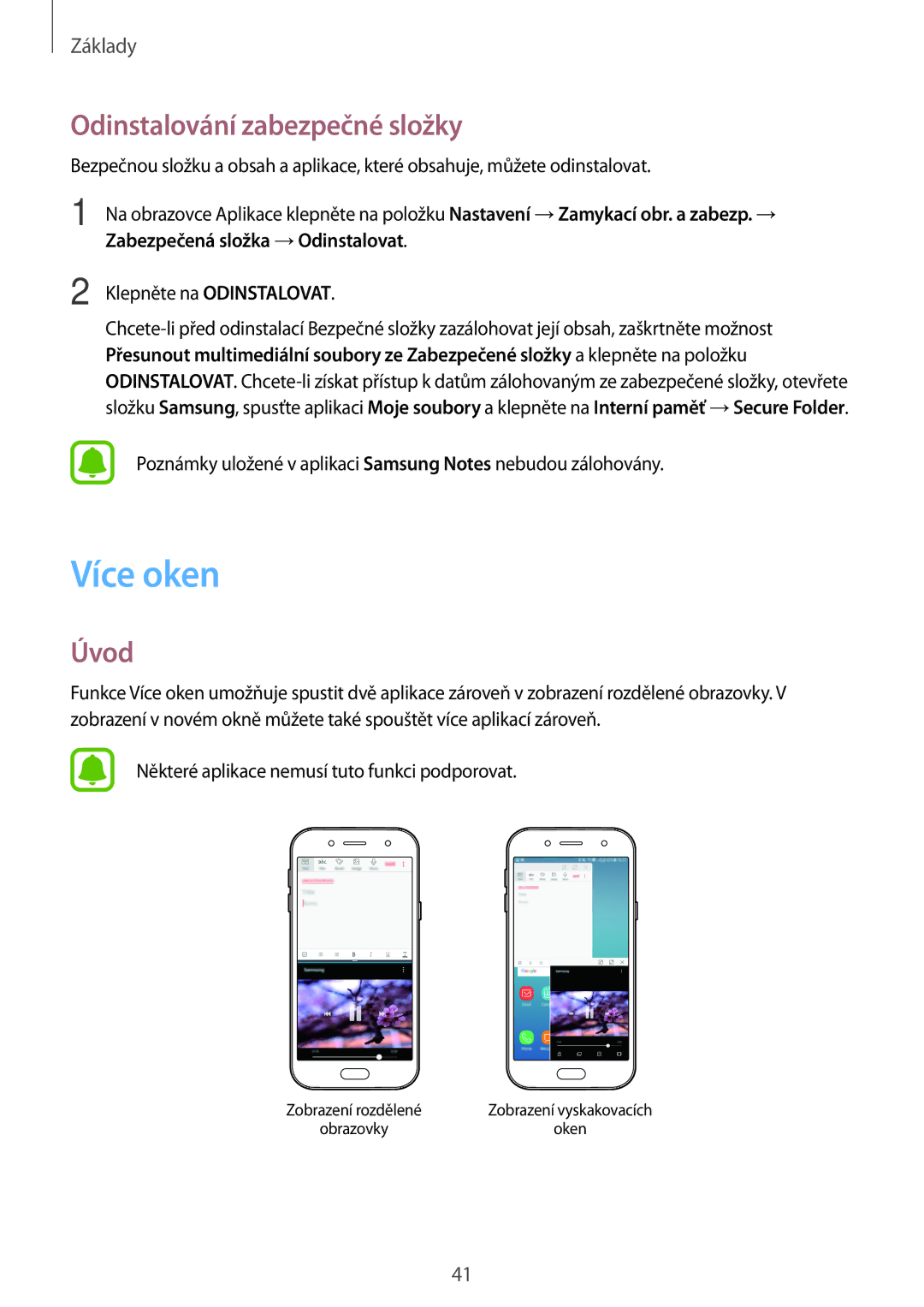 Samsung SM-J530FZSDETL, CG-J730FZKRMOL, CG-J730FZDRMOL, SM-J730FZKDETL manual Více oken, Odinstalování zabezpečné složky 