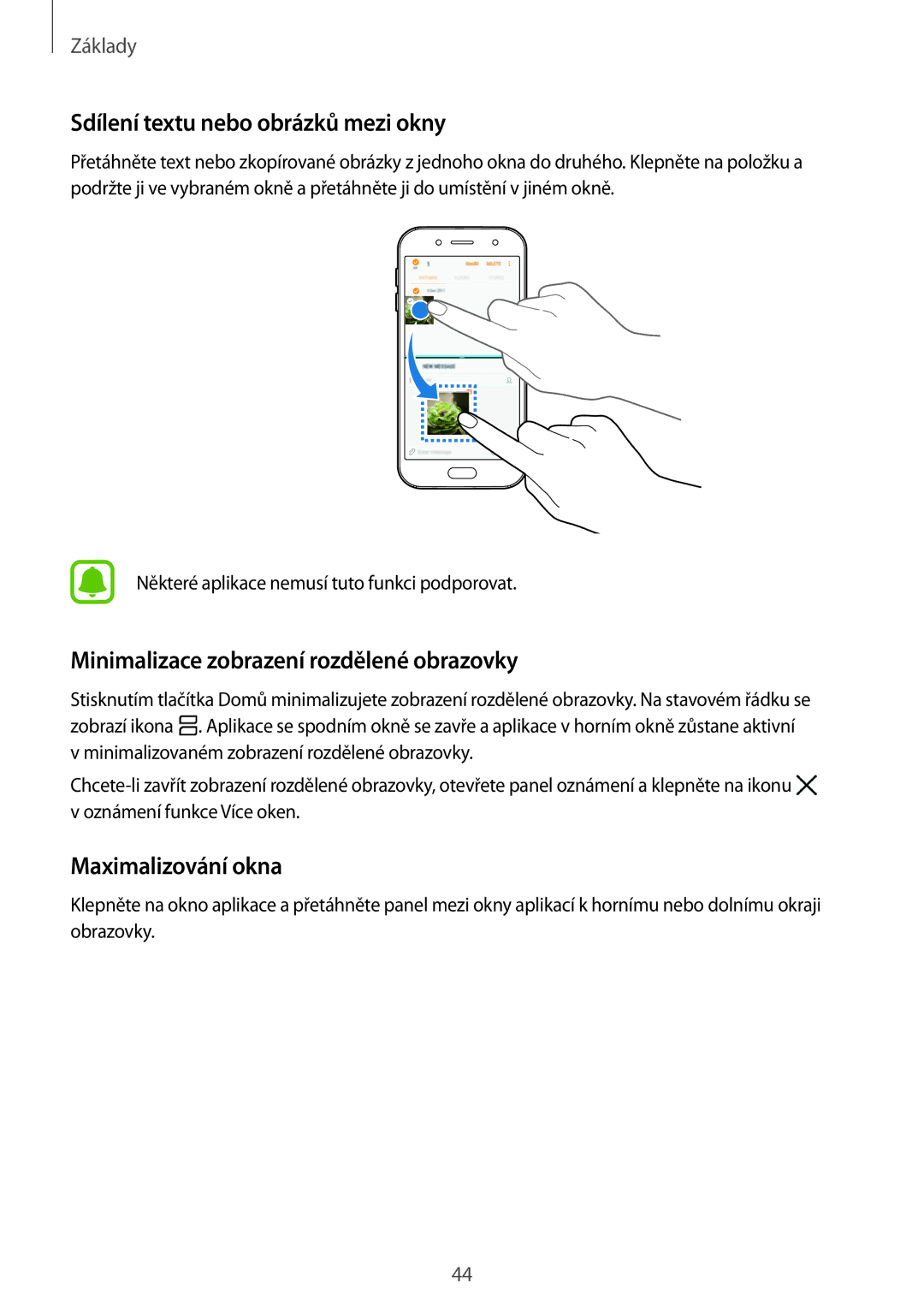 Samsung CG-J730FZKRMOL, CG-J730FZDRMOL Sdílení textu nebo obrázků mezi okny, Minimalizace zobrazení rozdělené obrazovky 