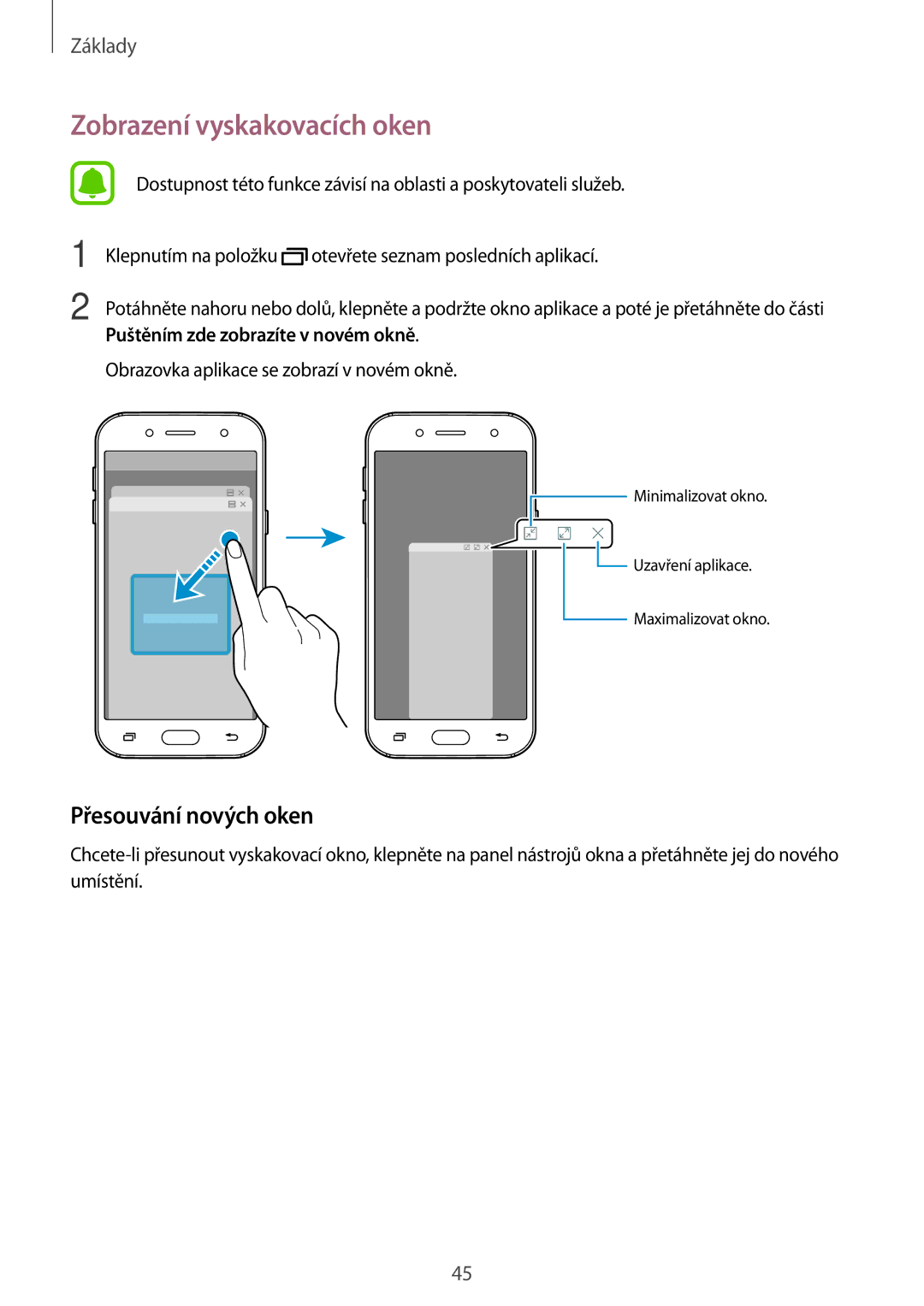 Samsung CG-J730FZDRMOL, CG-J730FZKRMOL, SM-J730FZKDETL, SM-J530FZKAO2C Zobrazení vyskakovacích oken, Přesouvání nových oken 