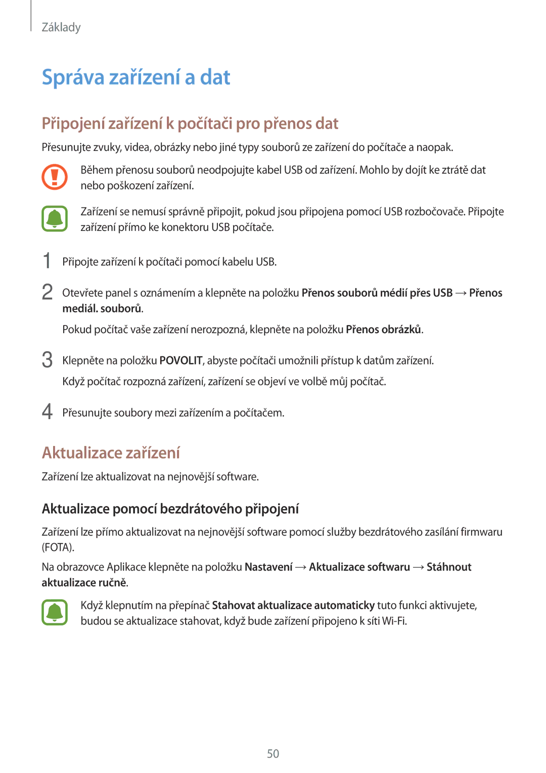 Samsung SM-J530FZSAO2C manual Správa zařízení a dat, Připojení zařízení k počítači pro přenos dat, Aktualizace zařízení 