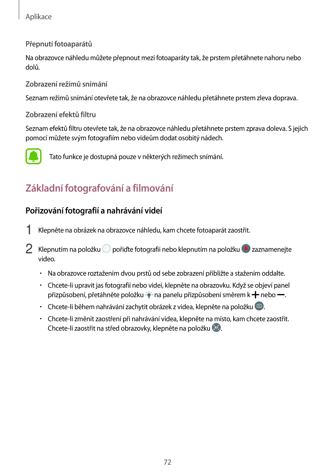 Samsung SM-J530FZSAO2C, CG-J730FZKRMOL manual Základní fotografování a filmování, Pořizování fotografií a nahrávání videí 
