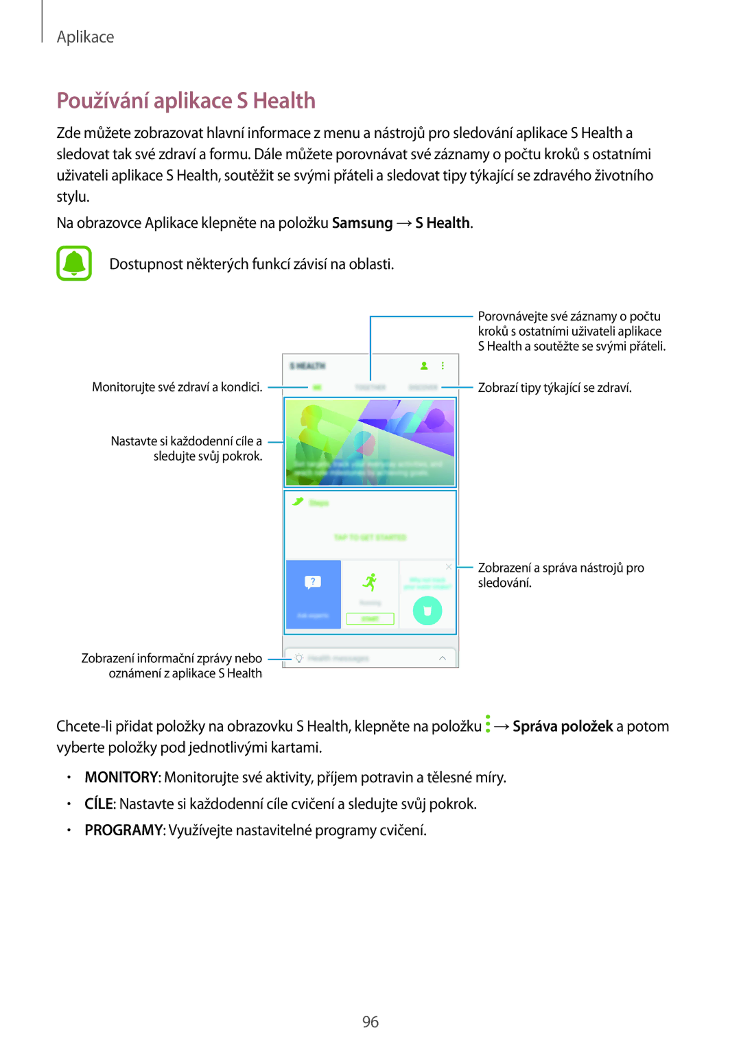 Samsung SM-J530FZSDETL, CG-J730FZKRMOL, CG-J730FZDRMOL manual Používání aplikace S Health, Monitorujte své zdraví a kondici 