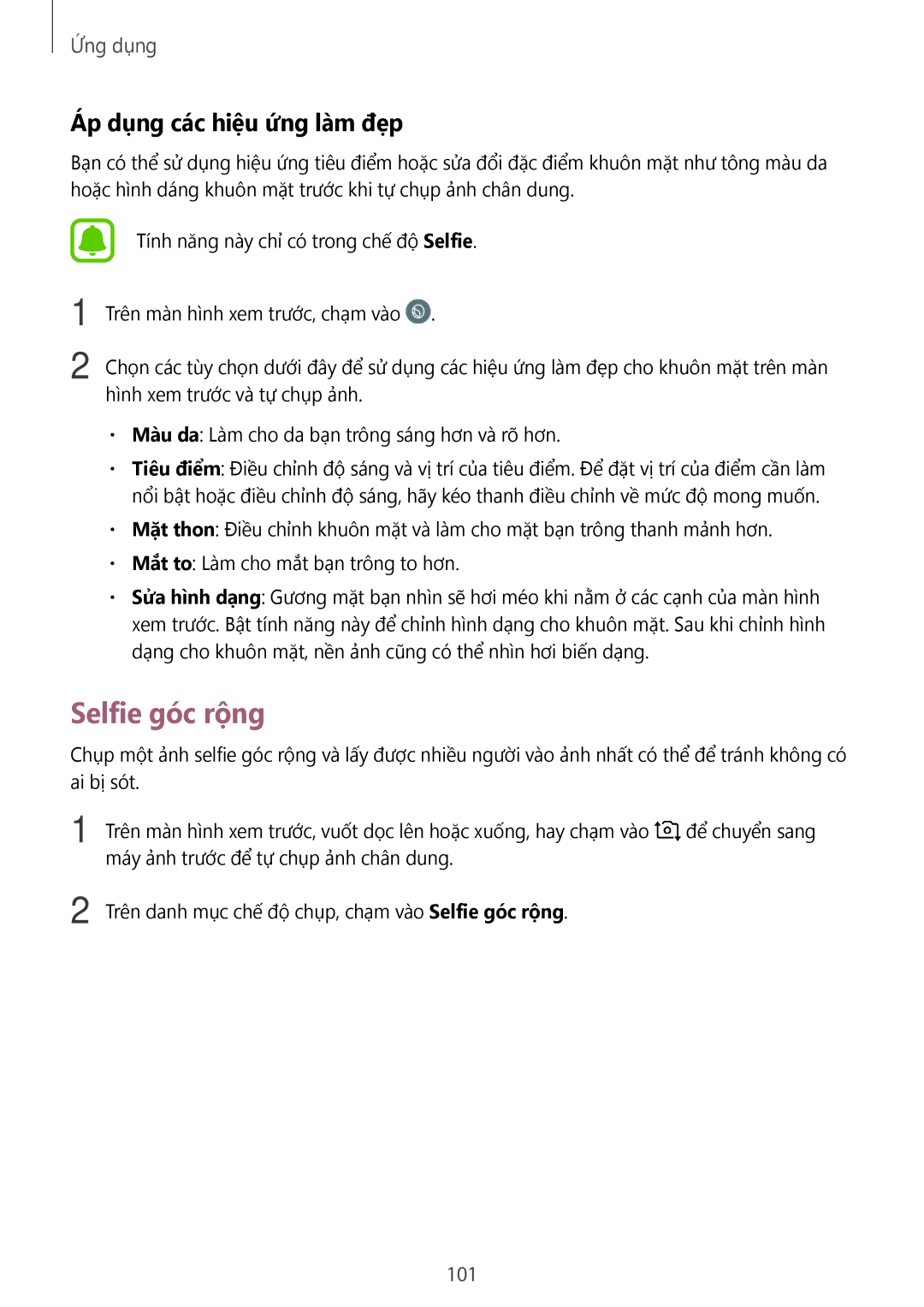 Samsung SM-N920CZWAXXV, CG-N920FZWXVTC manual Selfie góc rộng, Áp dụng các hiệu ứng làm đẹp, 101 