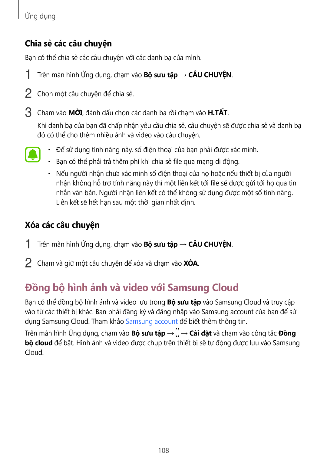 Samsung CG-N920FZWXVTC manual Đồng bộ hình ảnh và video với Samsung Cloud, Chia sẻ các câu chuyện, Xóa các câu chuyện, 108 
