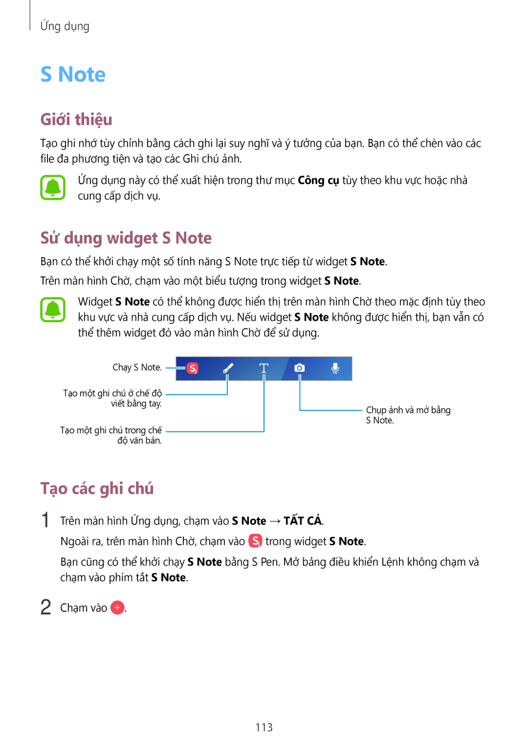 Samsung SM-N920CZWAXXV, CG-N920FZWXVTC manual Sử dụng widget S Note, Tạo các ghi chú, 113 