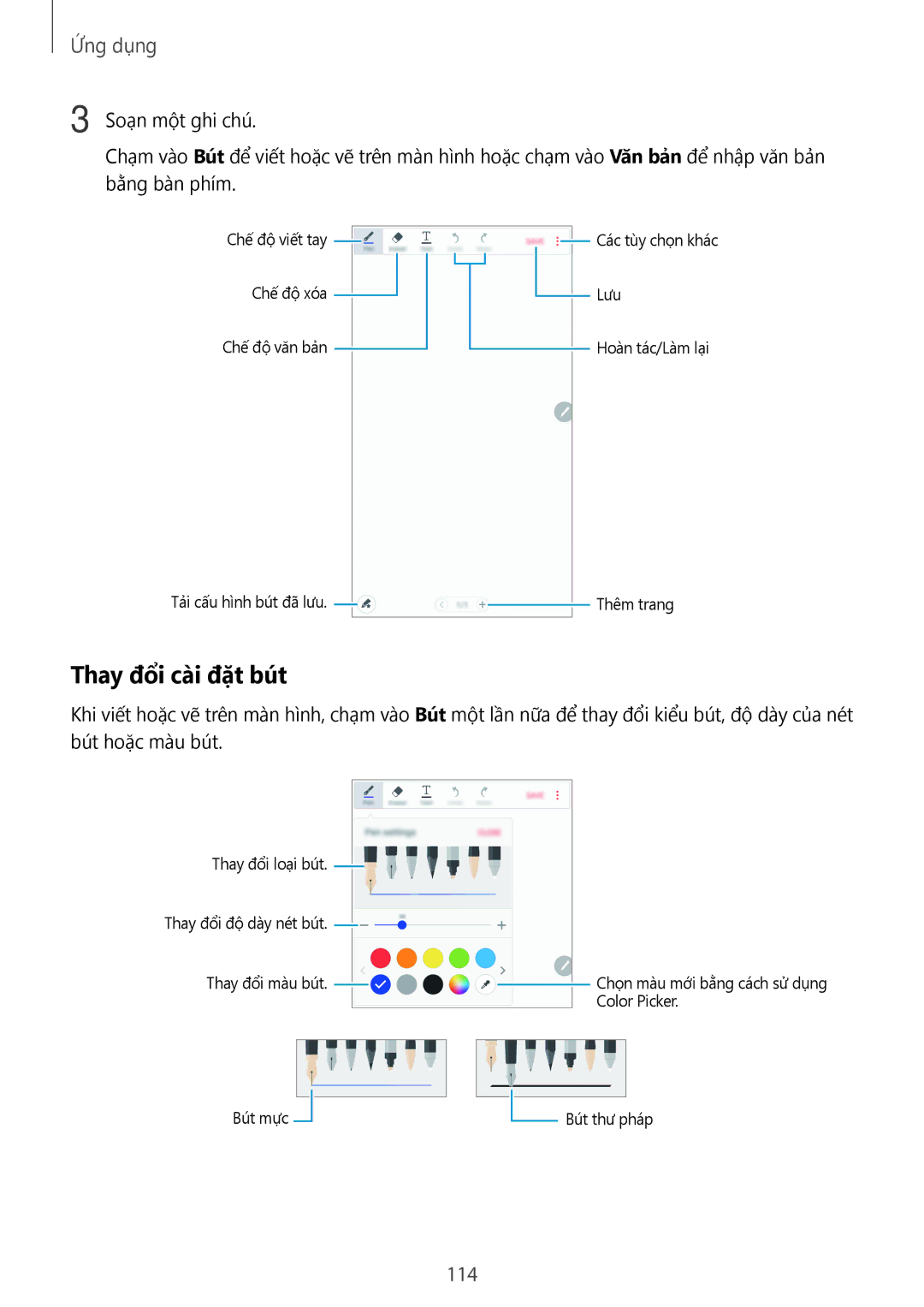 Samsung CG-N920FZWXVTC, SM-N920CZWAXXV manual Thay đổi cài đặt bút, 114 