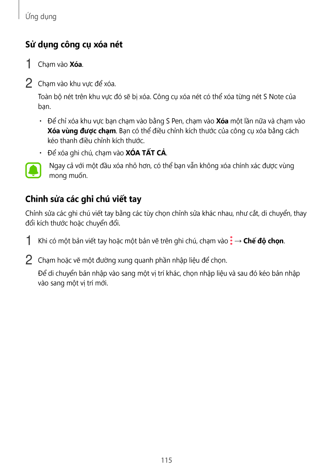 Samsung SM-N920CZWAXXV, CG-N920FZWXVTC manual Sử dụng công cụ xóa nét, Chỉnh sửa các ghi chú viết tay, 115 