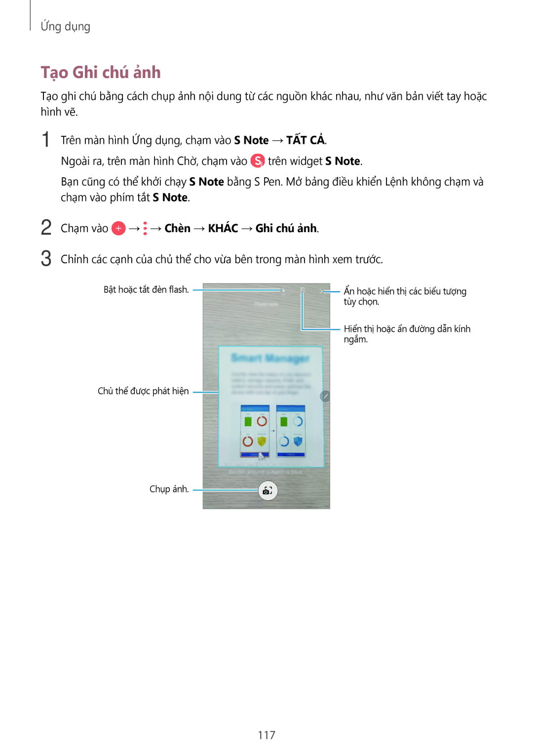 Samsung SM-N920CZWAXXV, CG-N920FZWXVTC manual Tạo Ghi chú ảnh, 117, Chạm vào → → Chèn → KHÁ́C → Ghi chú ảnh 