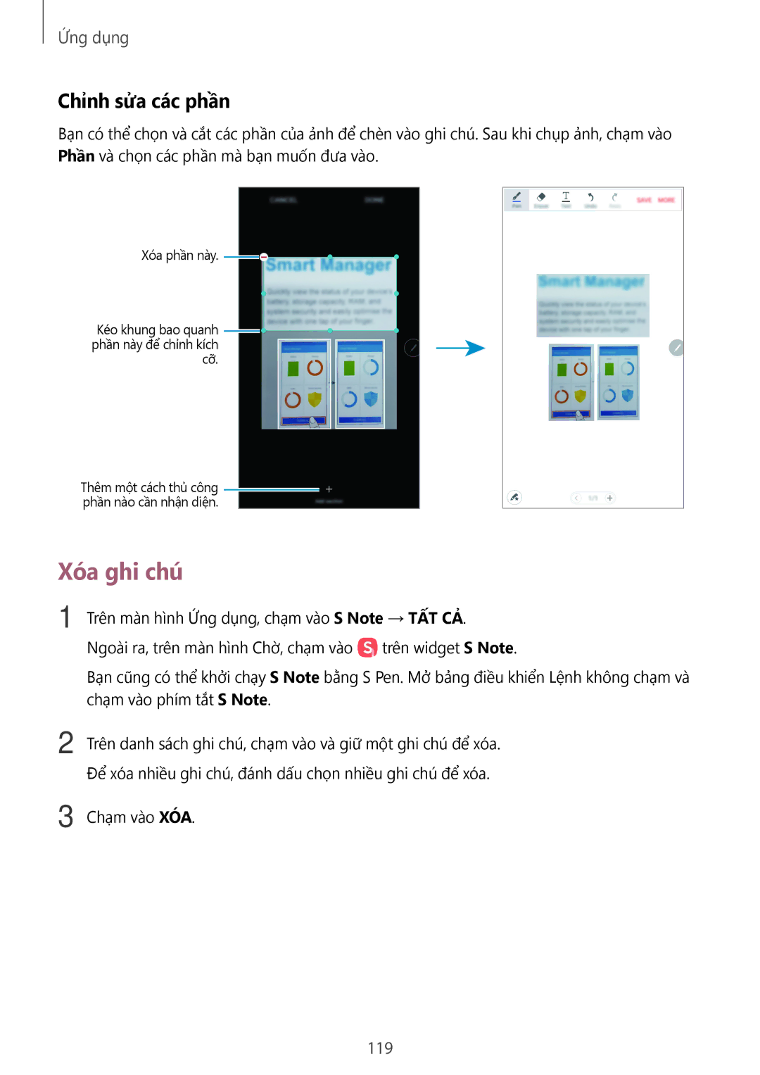 Samsung SM-N920CZWAXXV, CG-N920FZWXVTC manual Xóa ghi chú, Chỉnh sửa các phần, 119 