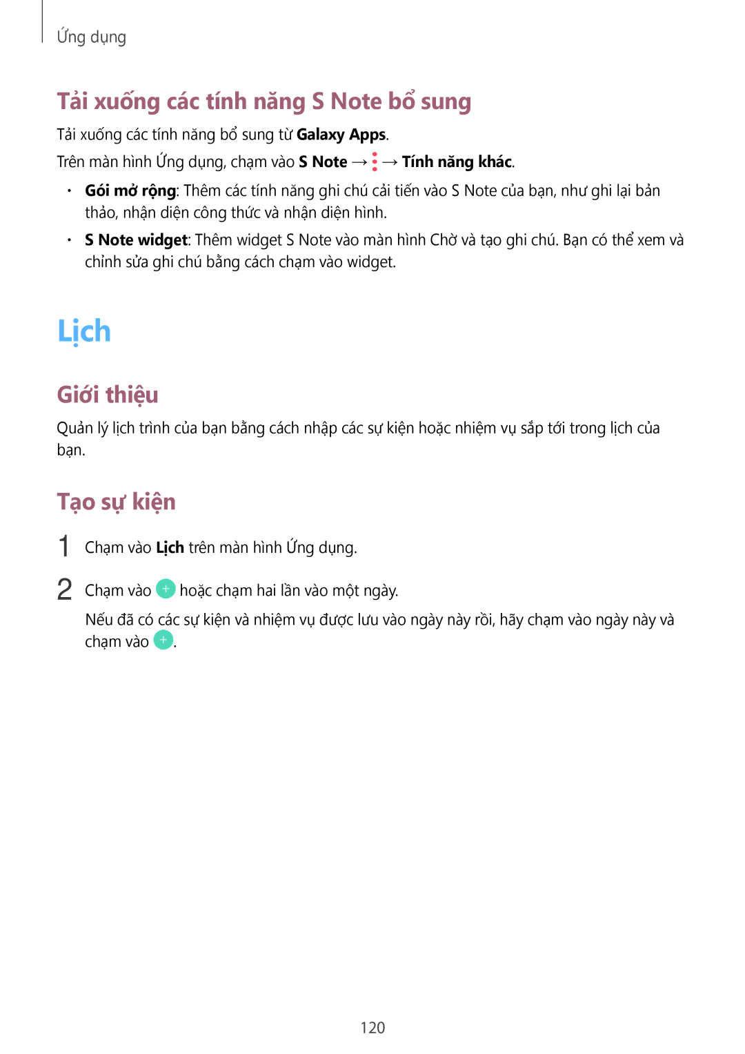 Samsung CG-N920FZWXVTC, SM-N920CZWAXXV manual Lịch, Tải xuống các tính năng S Note bổ sung, Tạo sự kiện, 120 