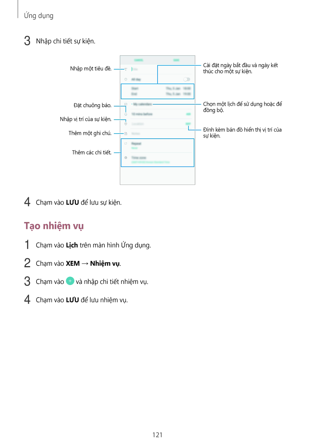 Samsung SM-N920CZWAXXV, CG-N920FZWXVTC manual Tạo nhiệm vụ, 121, Chạm vào XEM → Nhiệm vụ 