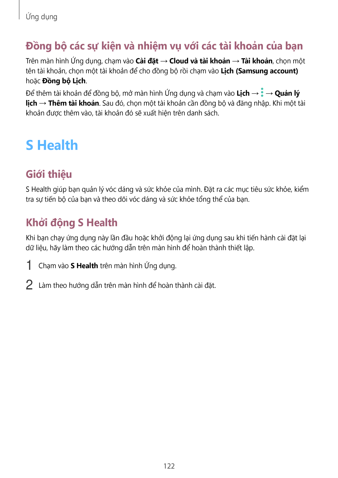 Samsung CG-N920FZWXVTC manual Đồng bộ các sự kiện và nhiệm vụ với các tài khoản của bạn, Khởi động S Health, 122 