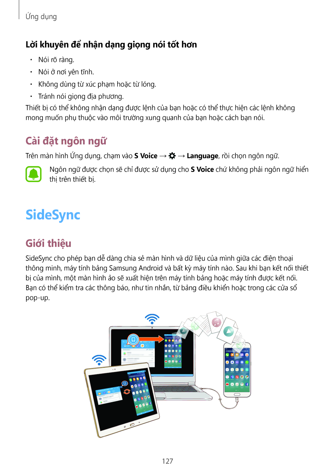 Samsung SM-N920CZWAXXV, CG-N920FZWXVTC manual SideSync, Cài đặt ngôn ngữ, Lời khuyên để nhận dạng giọng nói tốt hơn, 127 