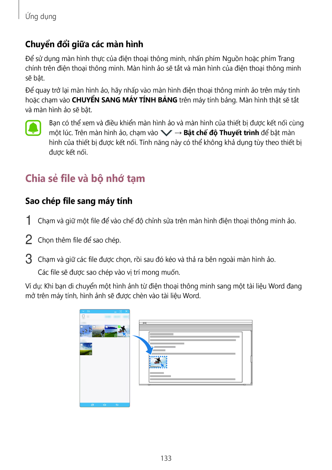 Samsung SM-N920CZWAXXV manual Chia sẻ file và bộ nhớ tạm, Chuyển đổi giữa các màn hình, Sao chép file sang máy tính, 133 