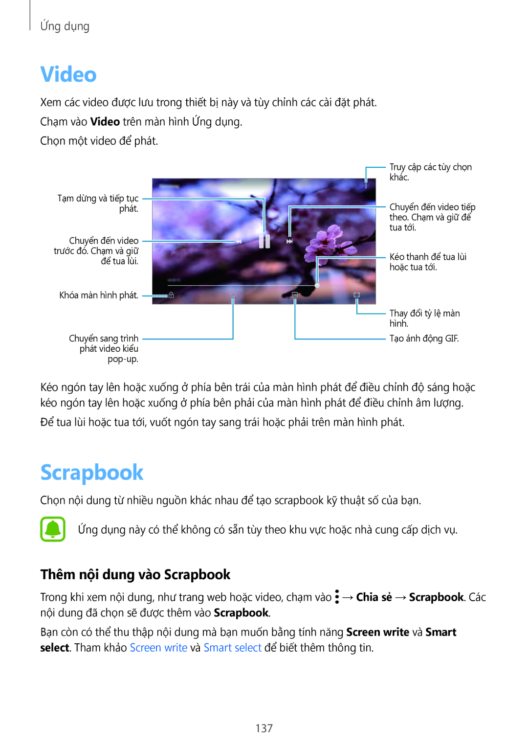 Samsung SM-N920CZWAXXV, CG-N920FZWXVTC manual Video, Thêm nội dung vào Scrapbook, 137 