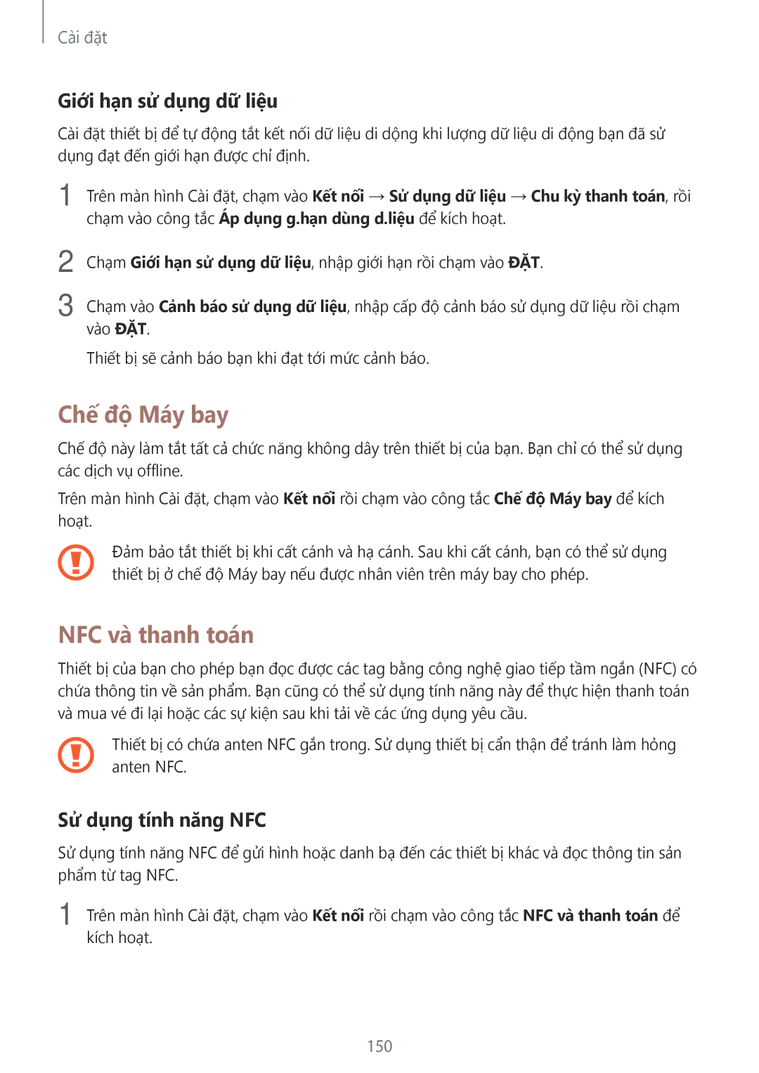 Samsung CG-N920FZWXVTC manual Chế độ Máy bay, NFC và thanh toán, Giới hạn sử dụng dữ liệu, Sử dụng tính năng NFC, 150 
