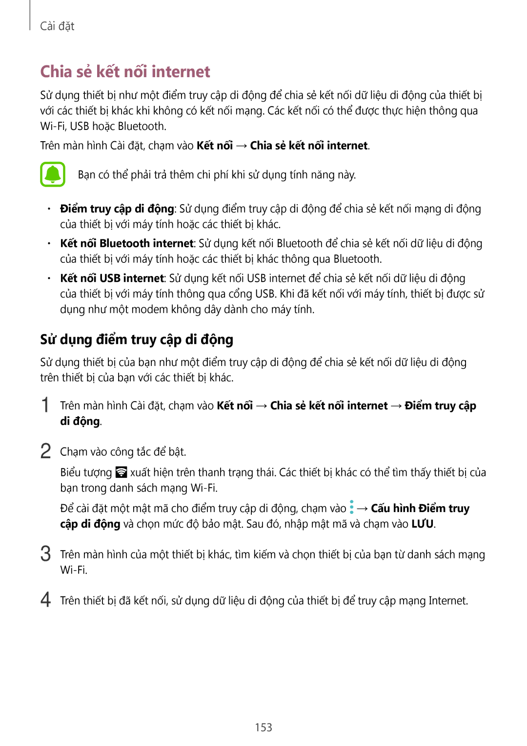 Samsung SM-N920CZWAXXV, CG-N920FZWXVTC manual Chia sẻ kết nối internet, Sử dụng điểm truy cập di động, 153 