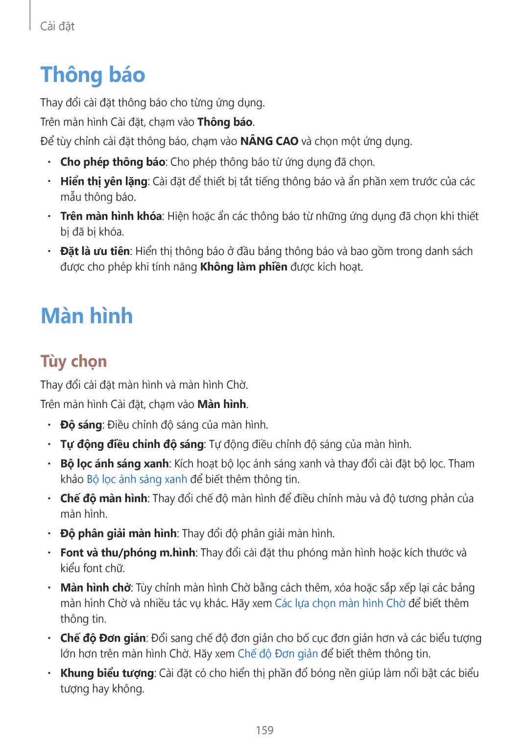 Samsung SM-N920CZWAXXV, CG-N920FZWXVTC manual Thông báo, Màn hình, Tùy chọn, 159 