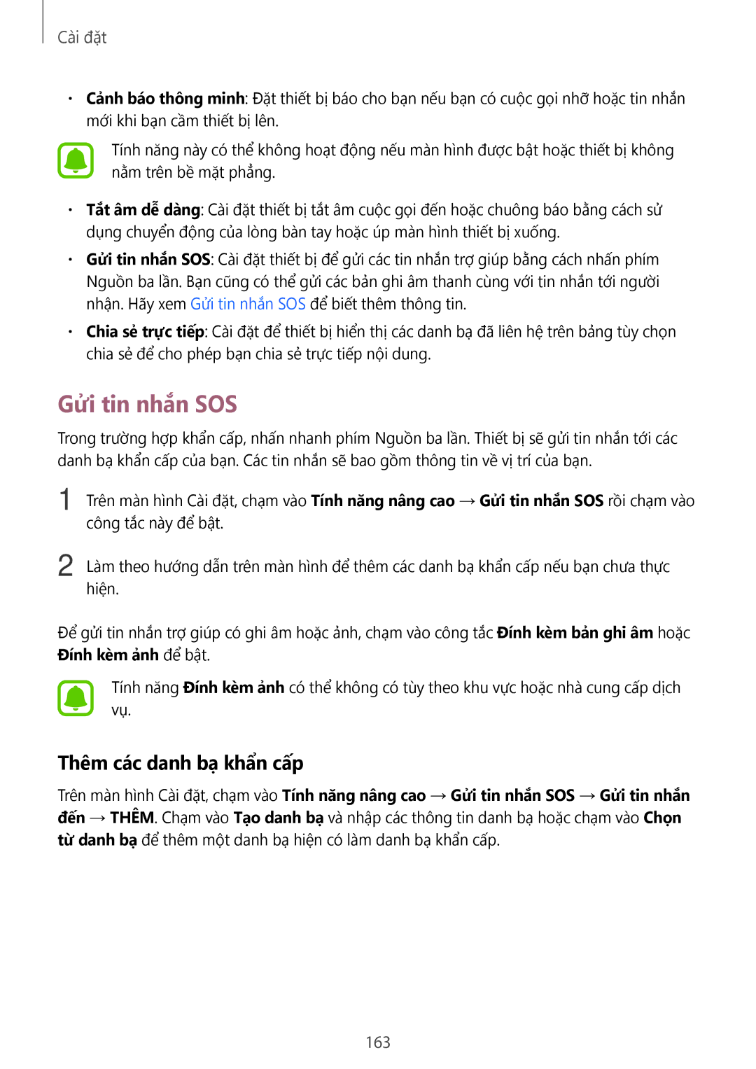 Samsung SM-N920CZWAXXV, CG-N920FZWXVTC manual Gửi tin nhắn SOS, Thêm các danh bạ khẩn cấp, 163 