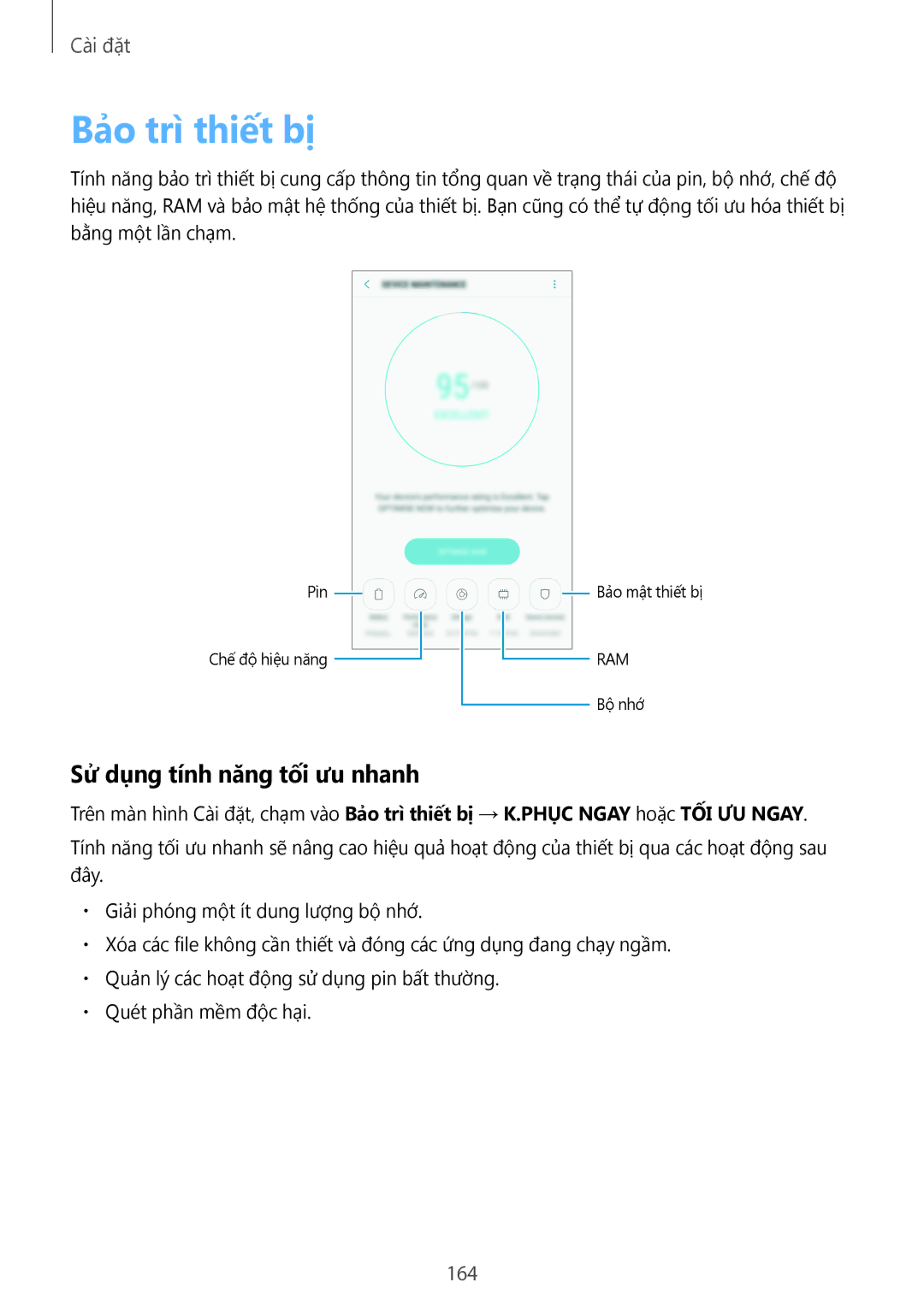 Samsung CG-N920FZWXVTC, SM-N920CZWAXXV manual Bảo trì thiết bị, Sử dụng tính năng tối ưu nhanh, 164 