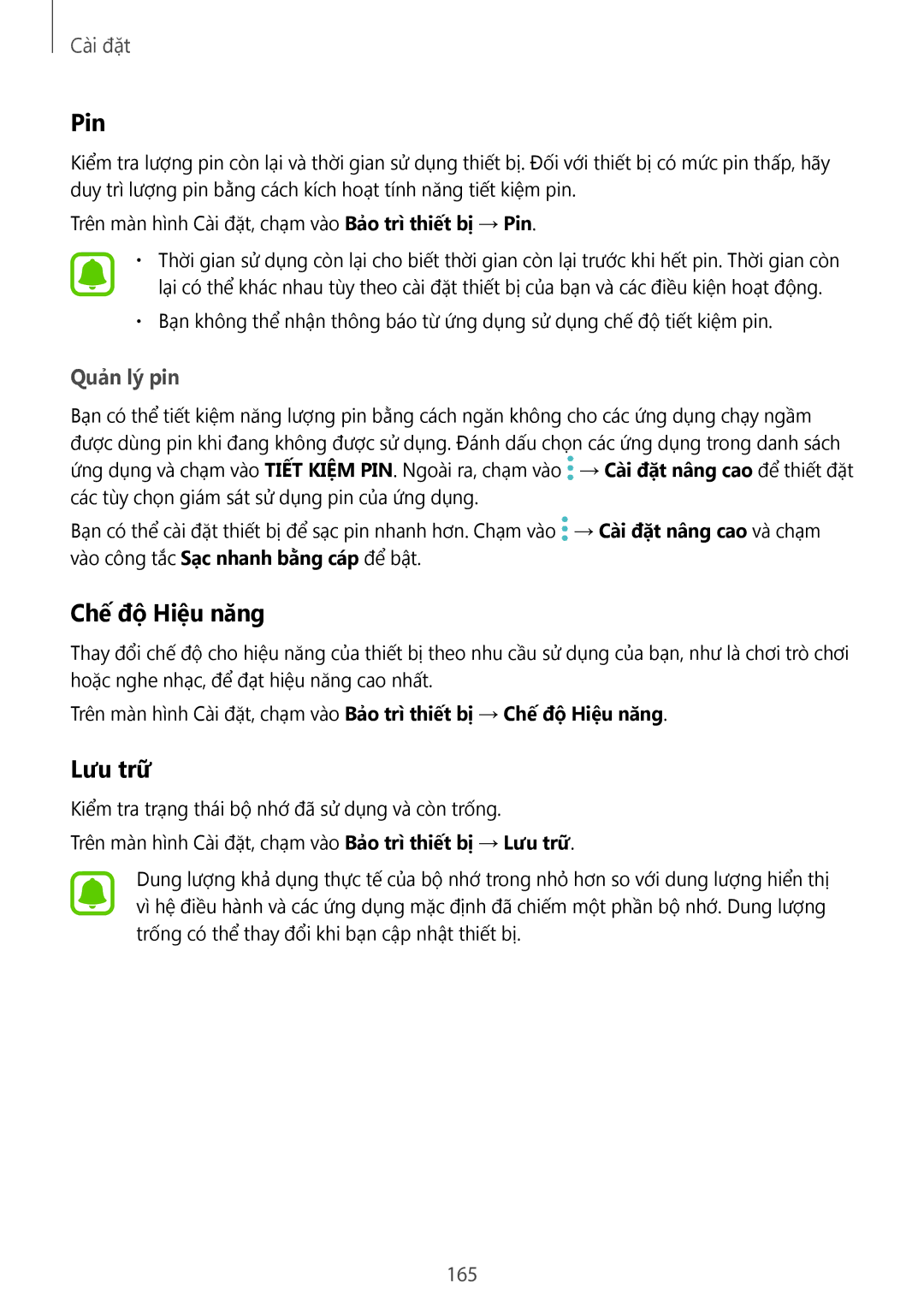 Samsung SM-N920CZWAXXV, CG-N920FZWXVTC manual Pin, Chế độ Hiệu năng, Lưu trữ, Quản lý pin, 165 
