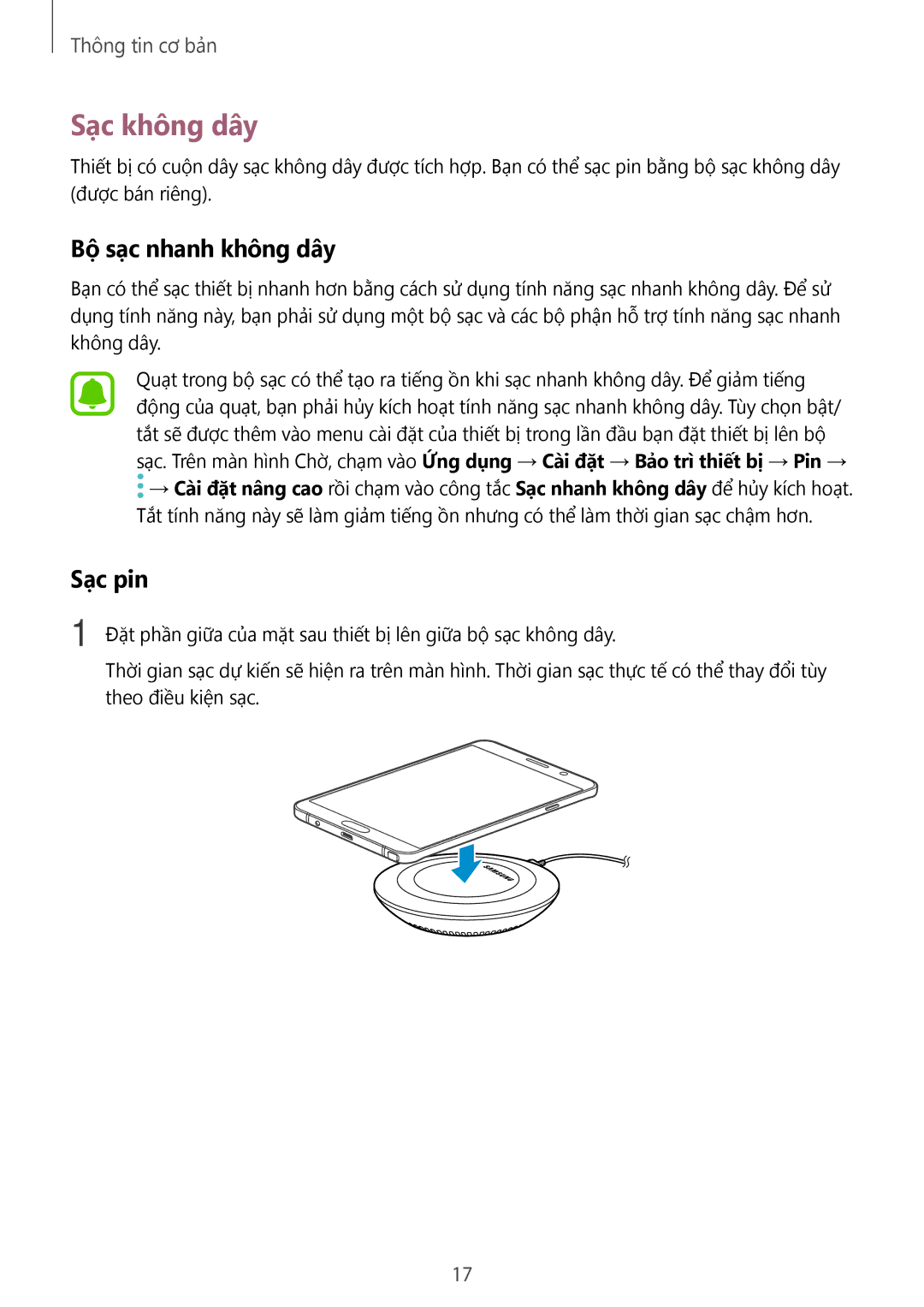 Samsung SM-N920CZWAXXV, CG-N920FZWXVTC manual Sạc không dây, Bộ sạc nhanh không dây, Sạc pin 