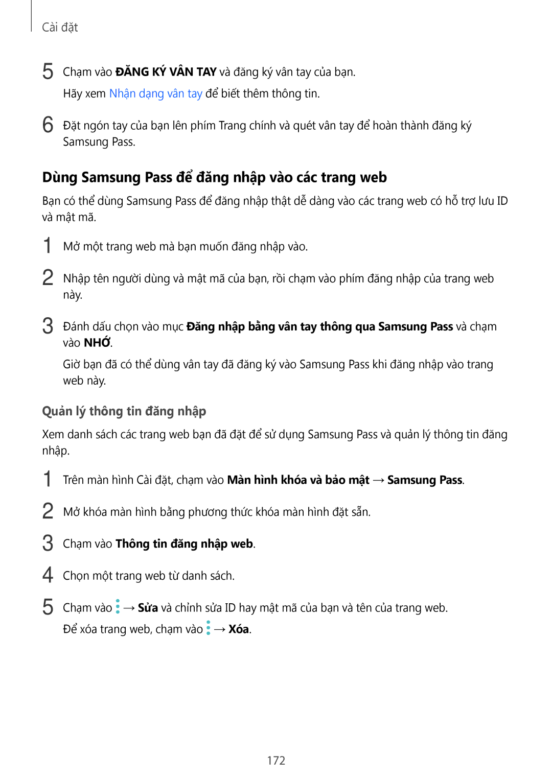 Samsung CG-N920FZWXVTC, SM-N920CZWAXXV Dùng Samsung Pass để đăng nhập vào các trang web, Quản lý thông tin đăng nhập, 172 