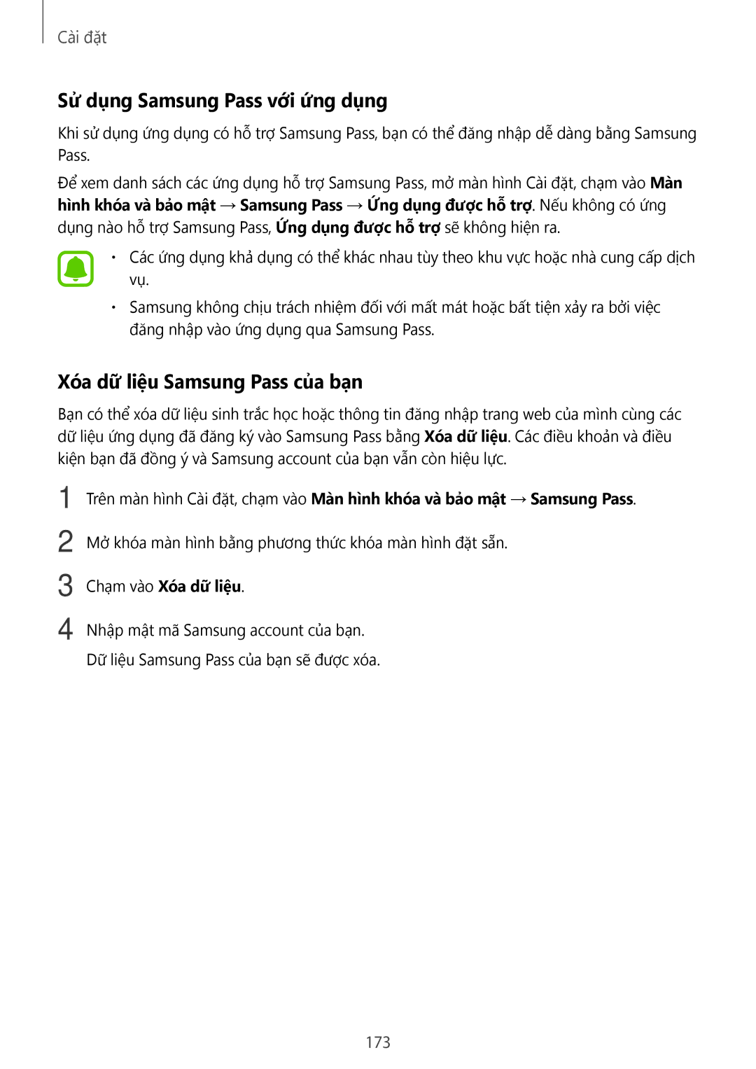 Samsung SM-N920CZWAXXV Sử dụng Samsung Pass với ứng dụng, Xóa dữ liệu Samsung Pass của bạn, 173, Chạm vào Xóa dữ liệu 