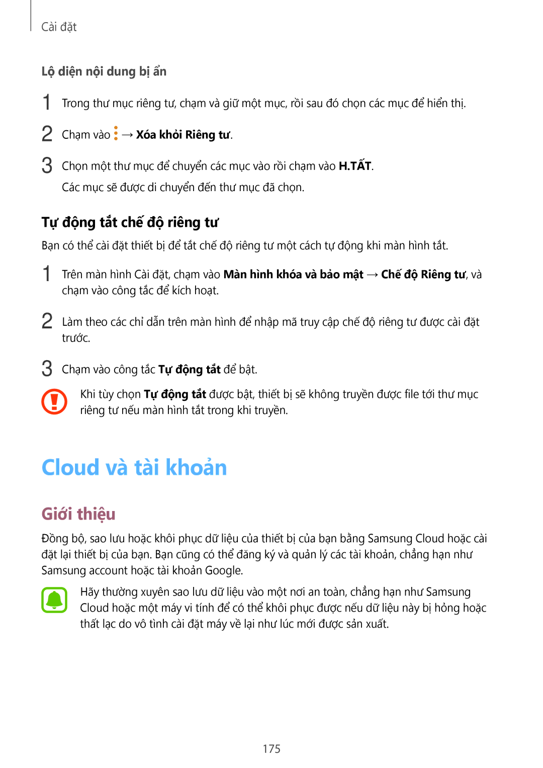 Samsung SM-N920CZWAXXV, CG-N920FZWXVTC manual Cloud và tài khoản, Tự động tắt chế độ riêng tư, Lộ diện nội dung bị ẩn, 175 