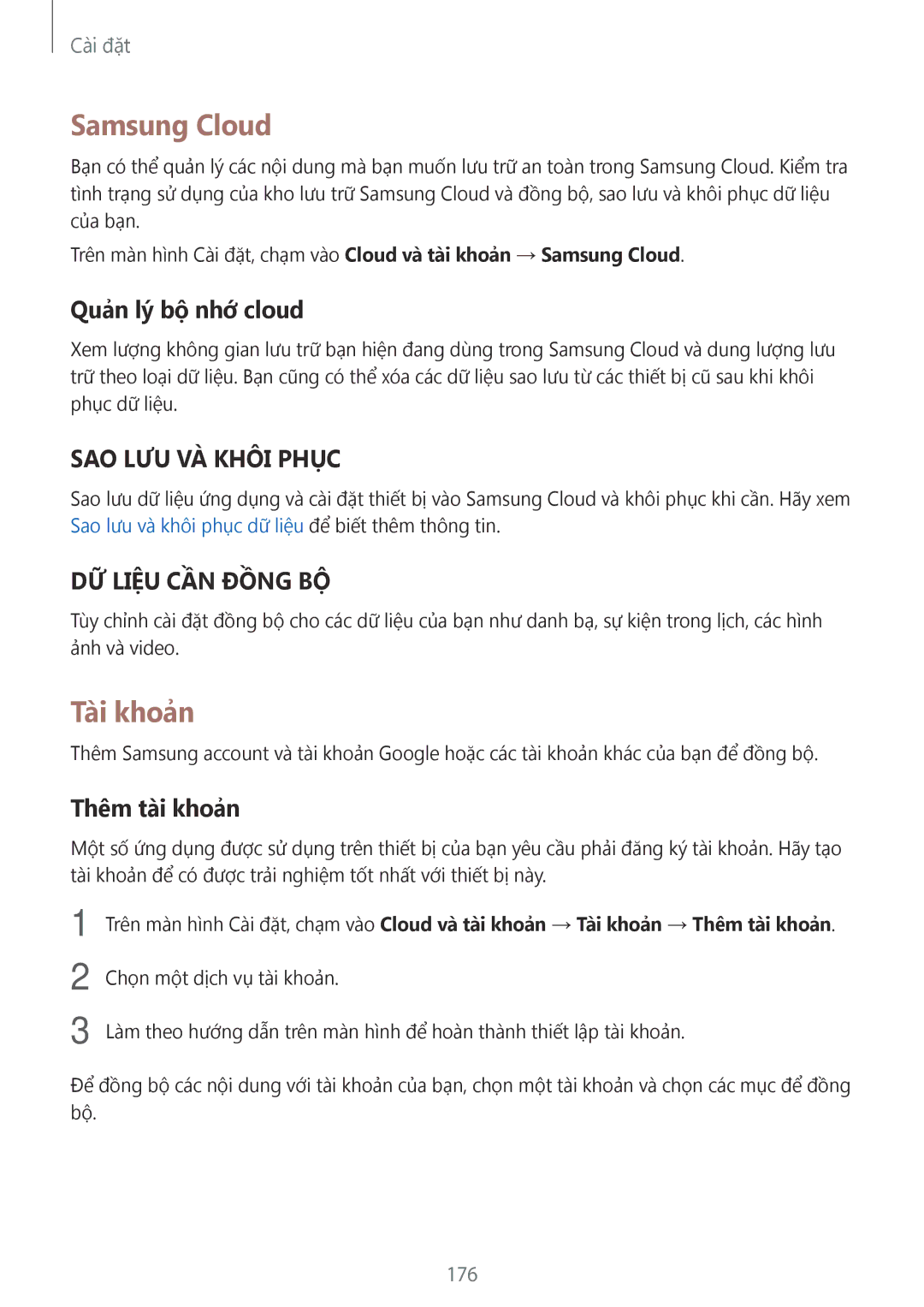 Samsung CG-N920FZWXVTC, SM-N920CZWAXXV manual Samsung Cloud, Tài khoản, Quản lý bộ nhớ cloud, Thêm tài khoản, 176 