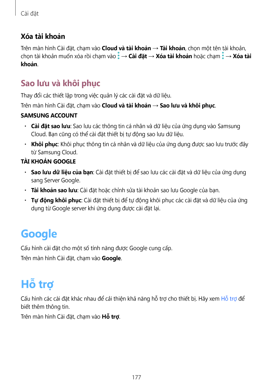 Samsung SM-N920CZWAXXV, CG-N920FZWXVTC manual Google, Hỗ trợ, Sao lưu và khôi phục, Xóa tài khoản, 177 