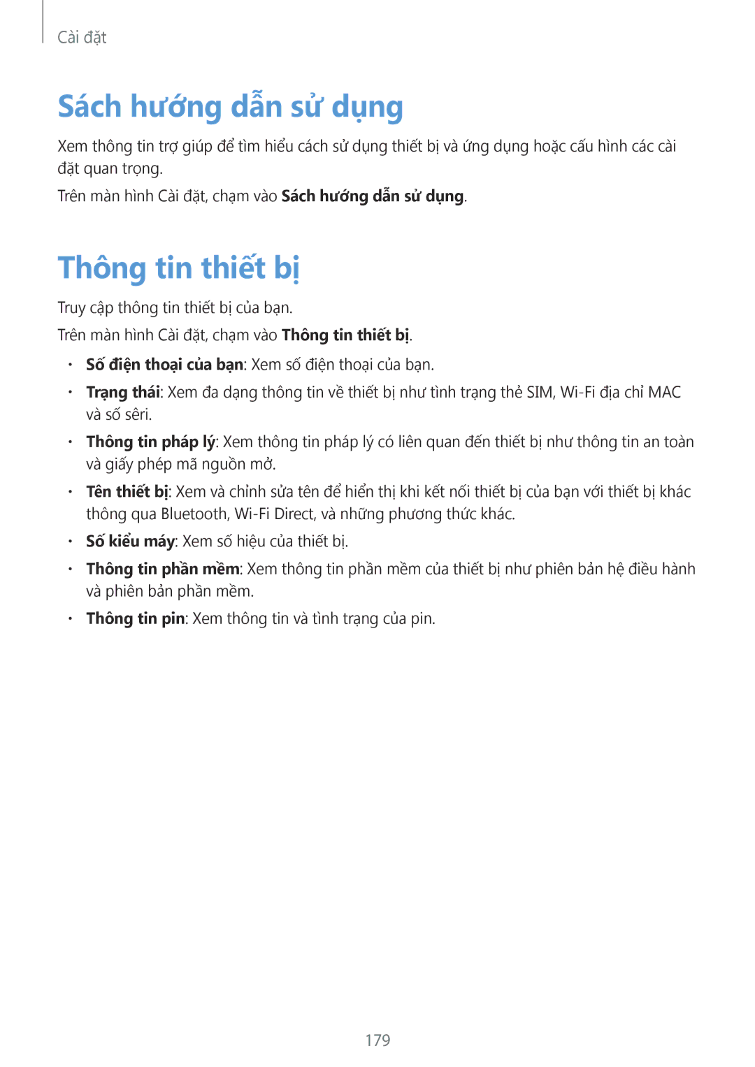 Samsung SM-N920CZWAXXV, CG-N920FZWXVTC manual Sách hướng dẫn sử dụng, Thông tin thiết bị, 179 