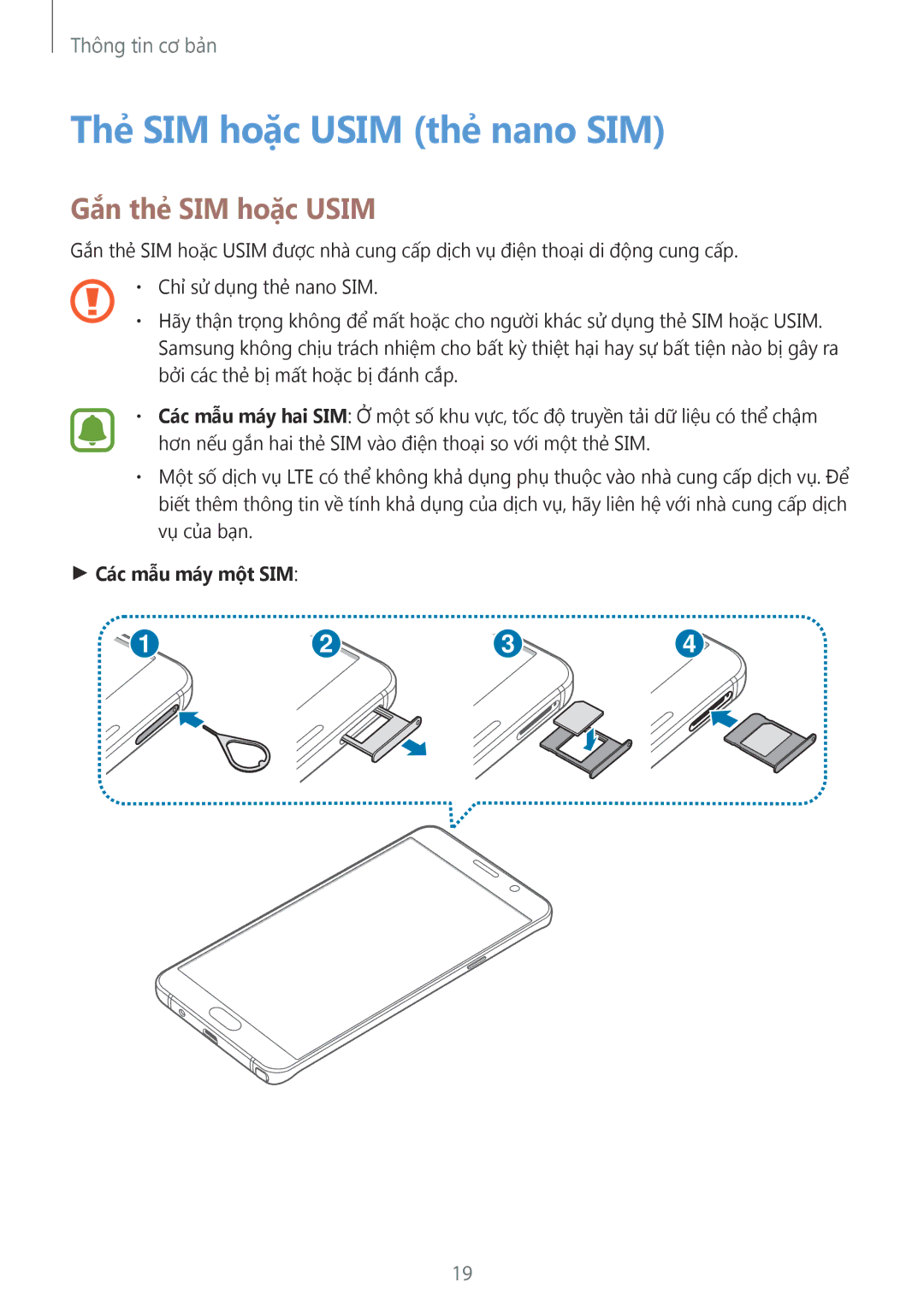 Samsung SM-N920CZWAXXV, CG-N920FZWXVTC manual Thẻ SIM hoặc Usim thẻ nano SIM, Gắn thẻ SIM hoặc Usim, Các mẫu máy một SIM 