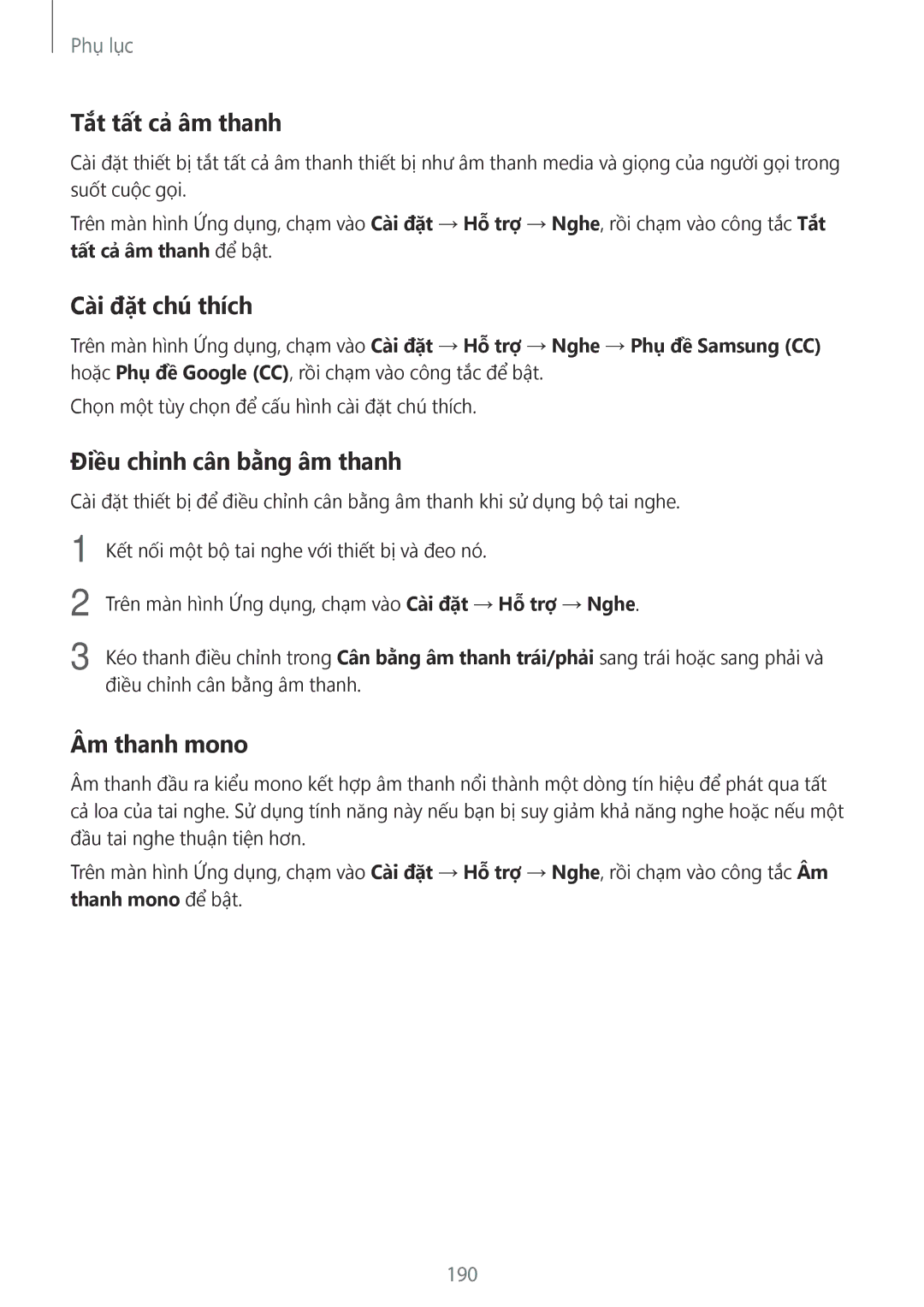 Samsung CG-N920FZWXVTC manual Tắt tất cả âm thanh, Cài đặt chú thích, Điều chỉnh cân bằng âm thanh, Âm thanh mono, 190 