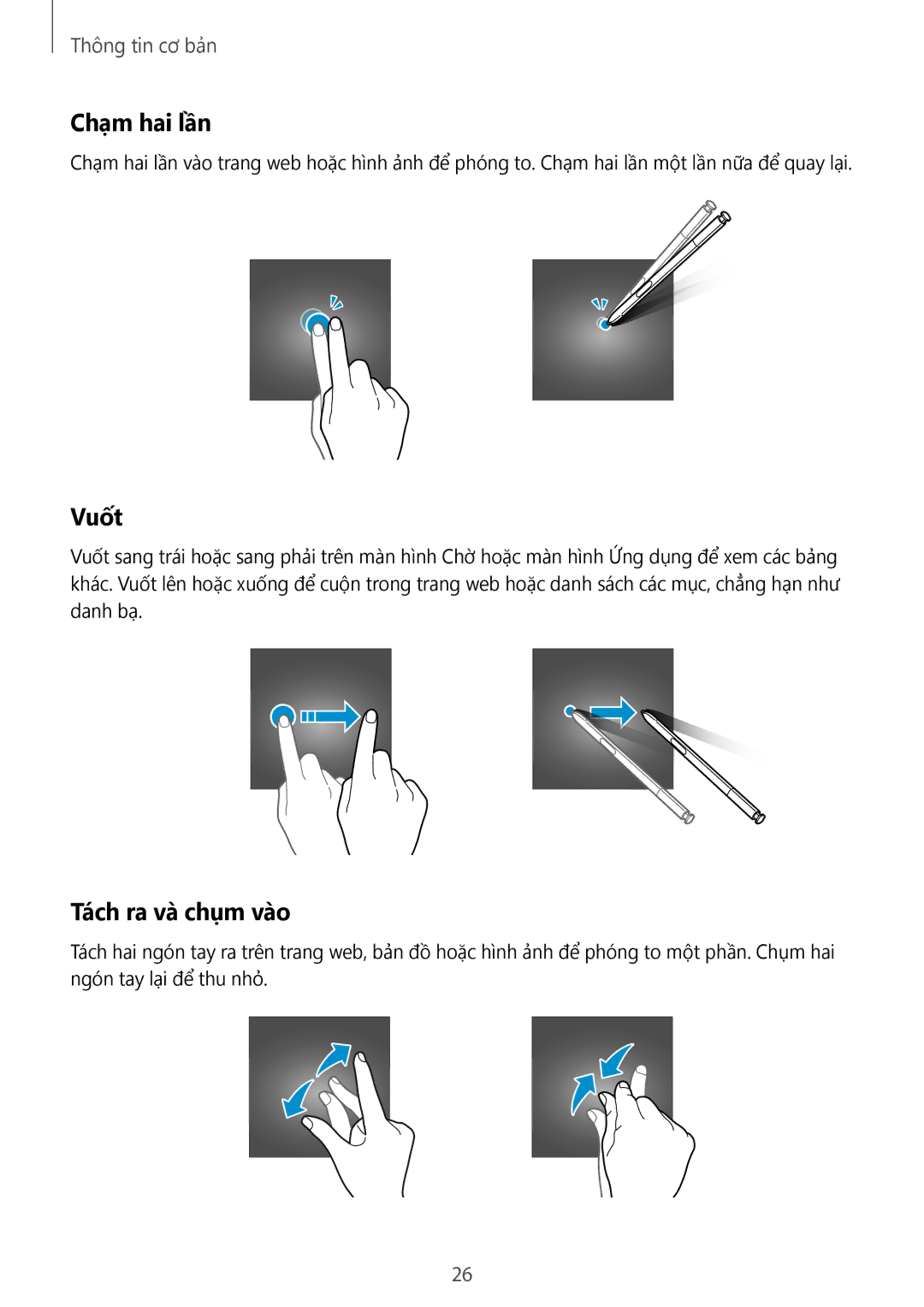 Samsung CG-N920FZWXVTC, SM-N920CZWAXXV manual Chạm hai lần, Vuốt, Tách ra và chụm vào 