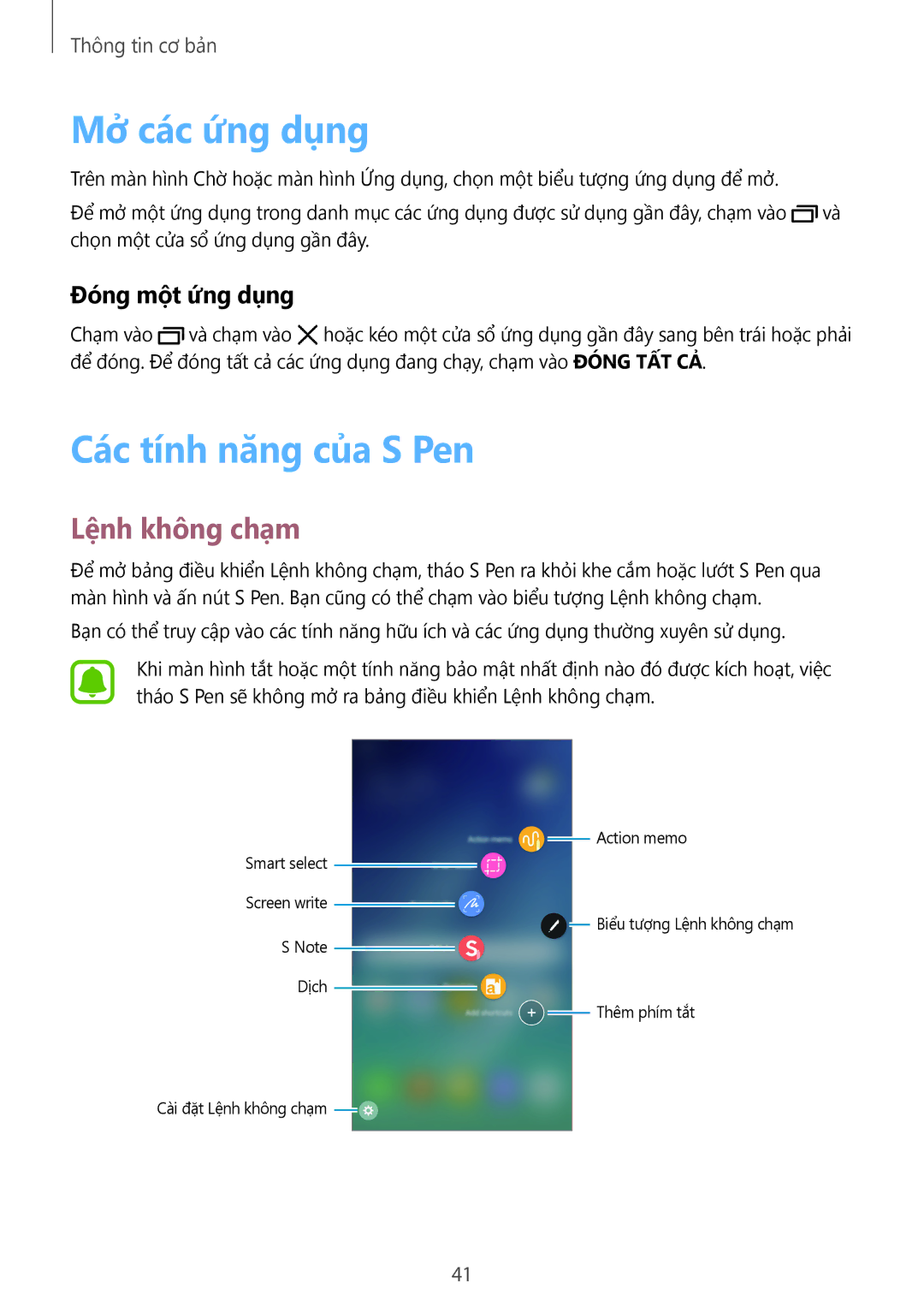 Samsung SM-N920CZWAXXV, CG-N920FZWXVTC manual Mở các ứng dụng, Các tính năng của S Pen, Lệnh không chạm, Đóng một ứng dụng 