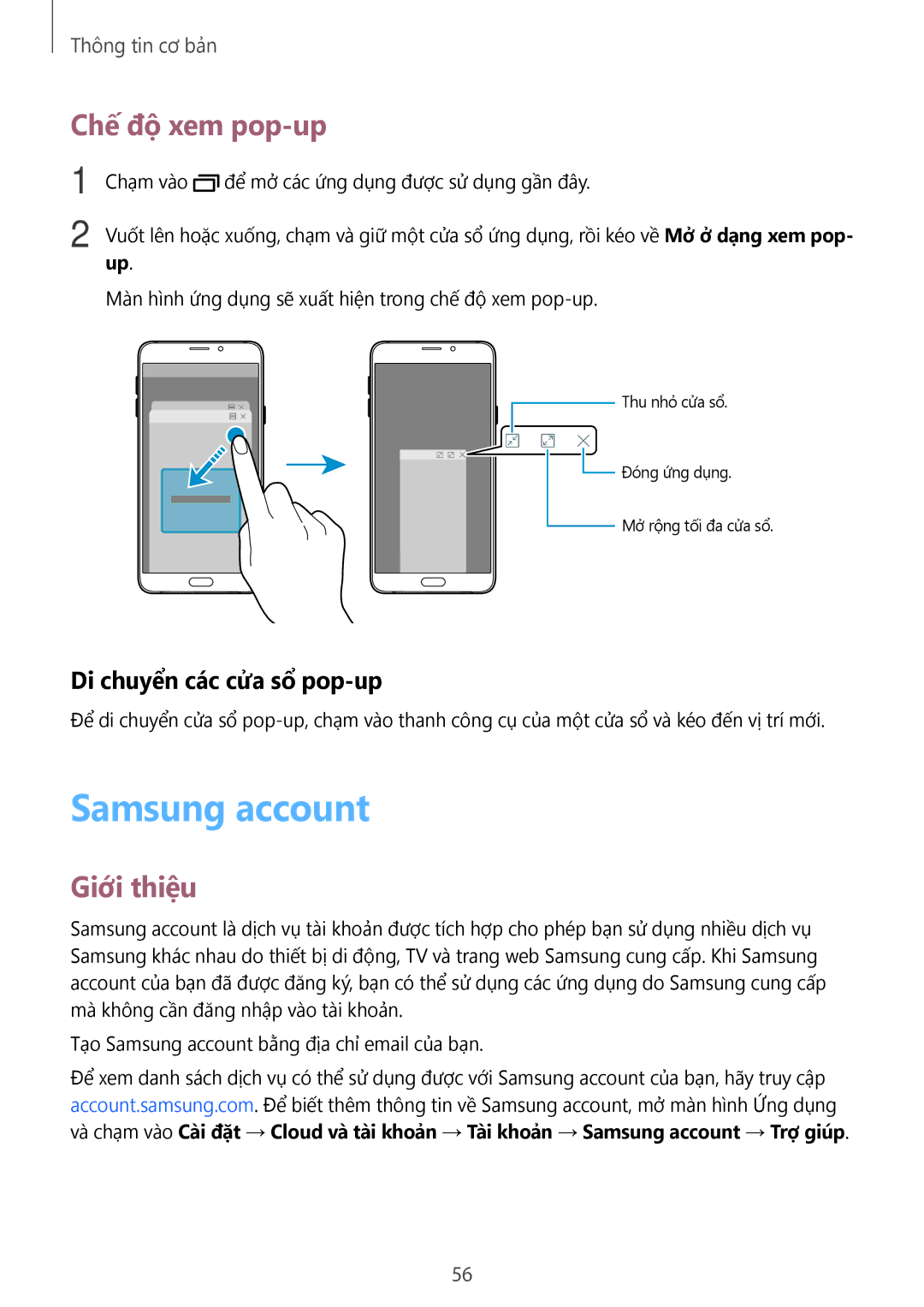 Samsung CG-N920FZWXVTC, SM-N920CZWAXXV manual Samsung account, Chế độ xem pop-up, Di chuyển các cửa sổ pop-up 