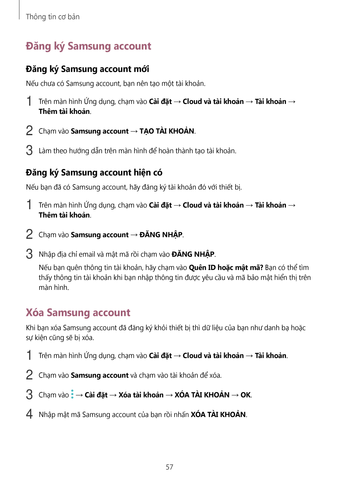 Samsung SM-N920CZWAXXV manual Xóa Samsung account, Đăng ký Samsung account mới, Đăng ký Samsung account hiện có 