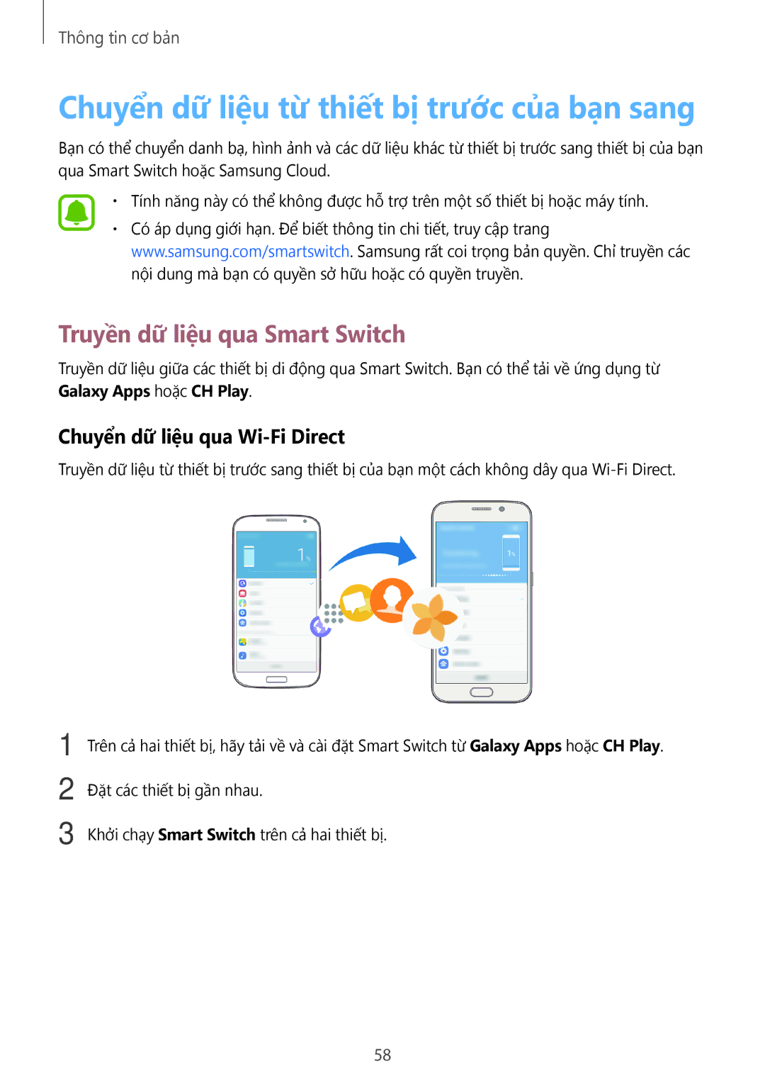 Samsung CG-N920FZWXVTC, SM-N920CZWAXXV manual Chuyển dữ liệu từ thiết bị trước của bạn sang, Truyền dữ liệu qua Smart Switch 